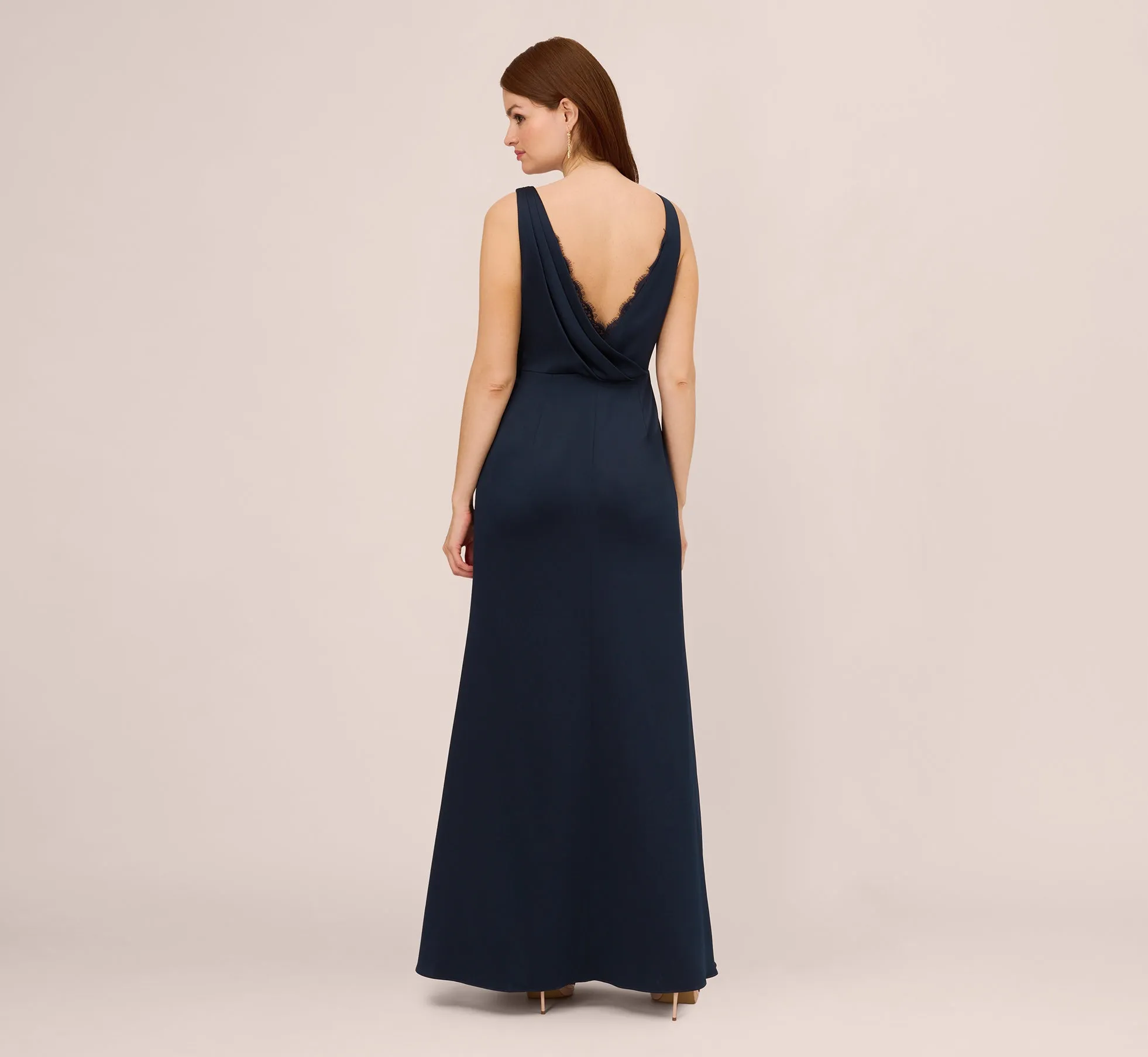 Satin Crepe Mermaid Gown With Lace Accent Cowl Back In Dark Navy sold by Adrianna Papell product image thumbnail 4