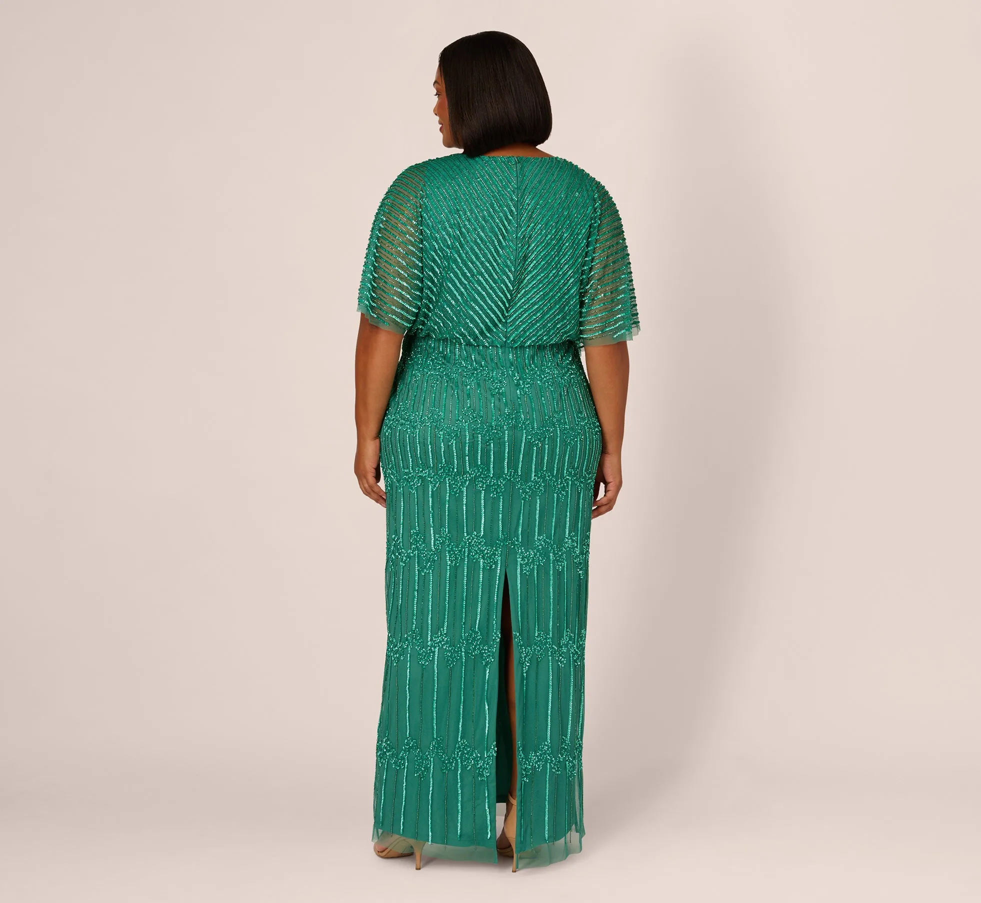 Plus Size Hand-Beaded Illusion Long Column Blouson Gown In Jungle Green sold by Adrianna Papell product image thumbnail 4