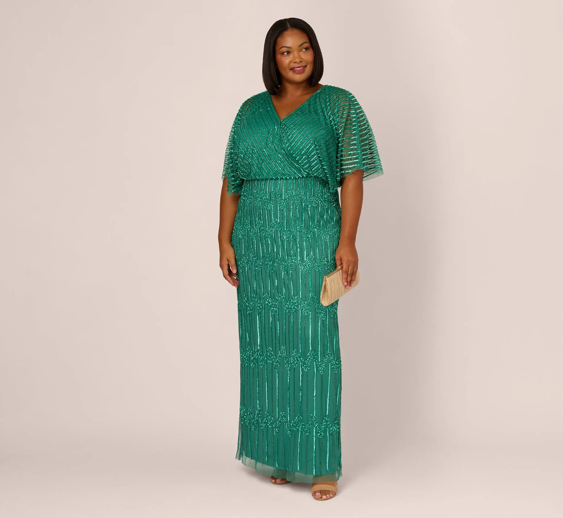 Plus Size Hand-Beaded Illusion Long Column Blouson Gown In Jungle Green sold by Adrianna Papell product image thumbnail 2