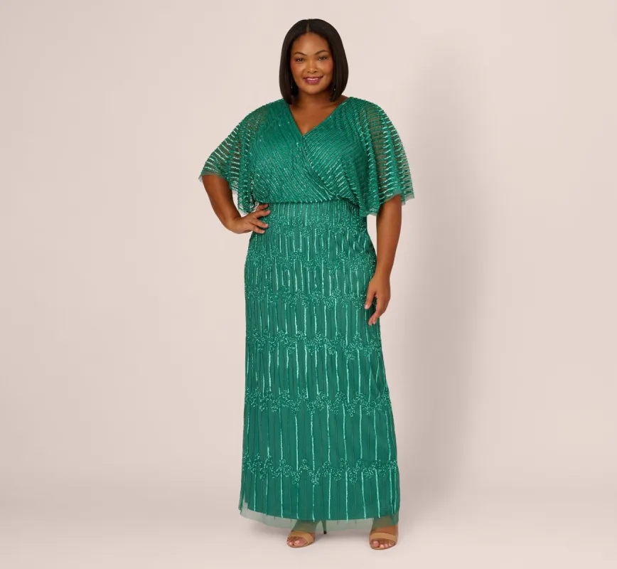 Plus Size Hand-Beaded Illusion Long Column Blouson Gown In Jungle Green sold by Adrianna Papell