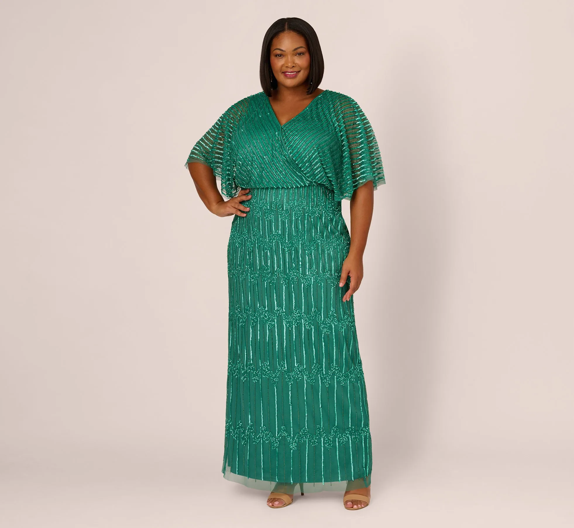 Plus Size Hand-Beaded Illusion Long Column Blouson Gown In Jungle Green sold by Adrianna Papell