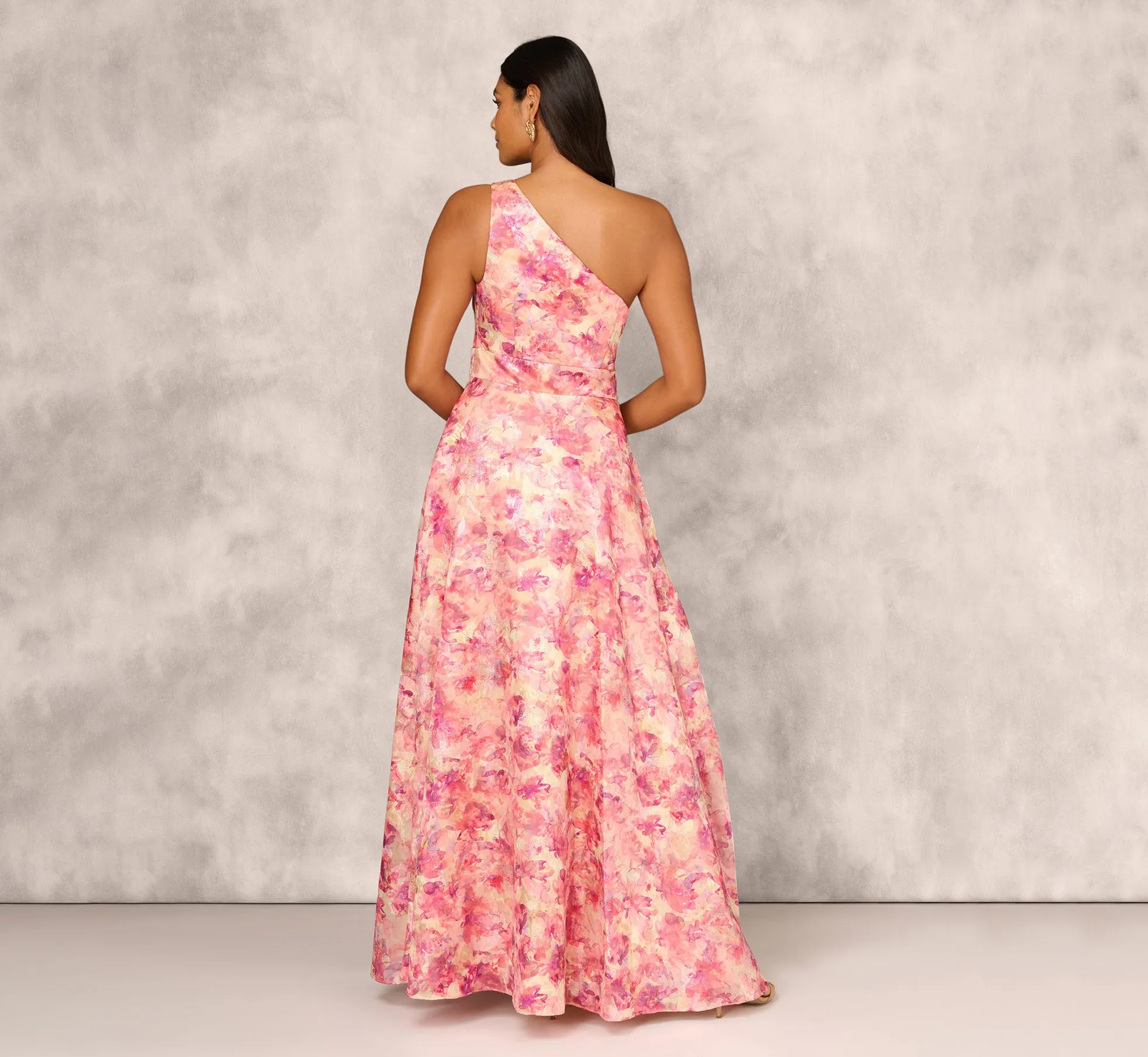 Printed Jacquard One Shoulder Ball Gown With Pleat Details In Red Multi sold by Adrianna Papell product image thumbnail 4