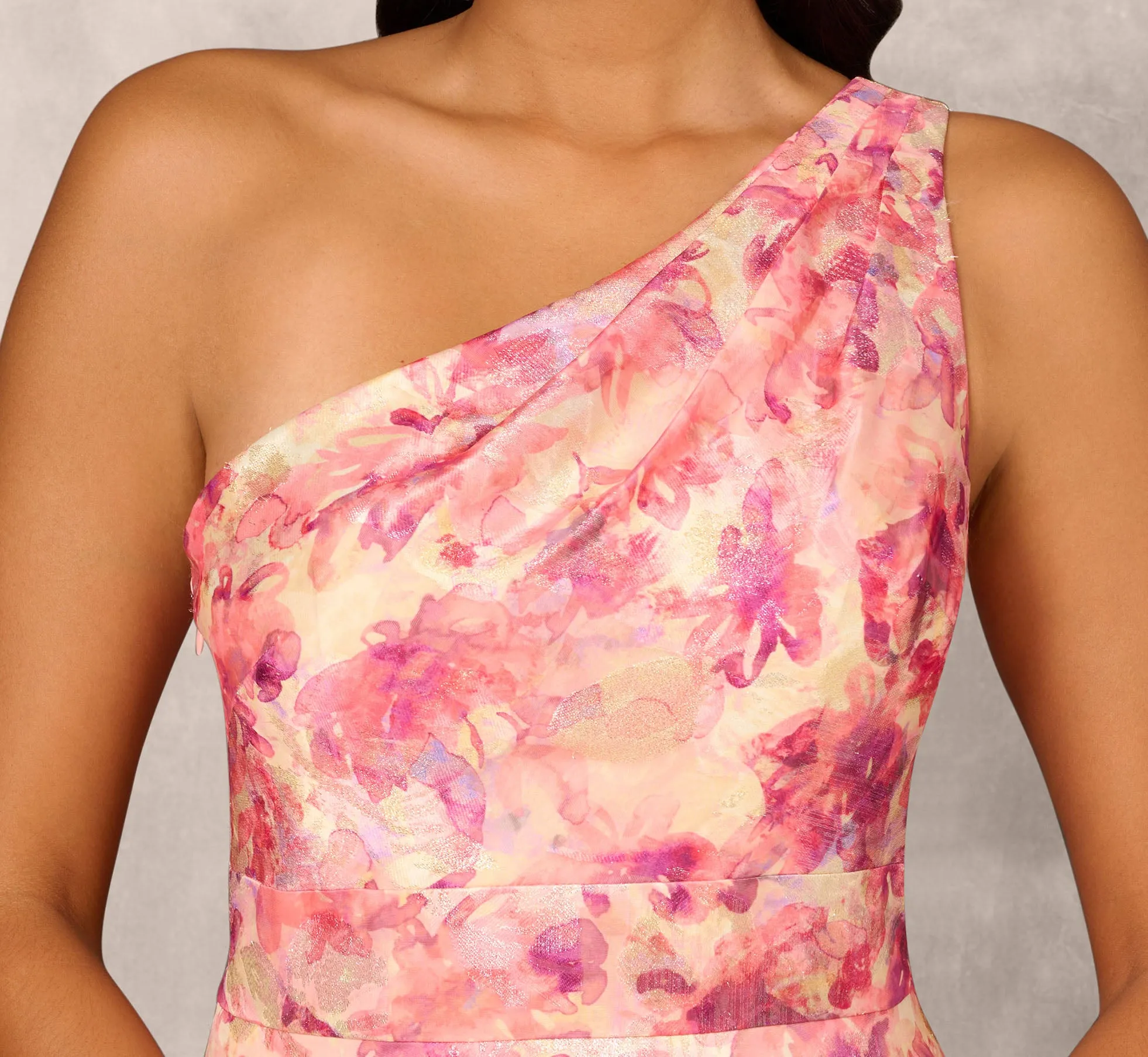 Printed Jacquard One Shoulder Ball Gown With Pleat Details In Red Multi sold by Adrianna Papell product image thumbnail 3