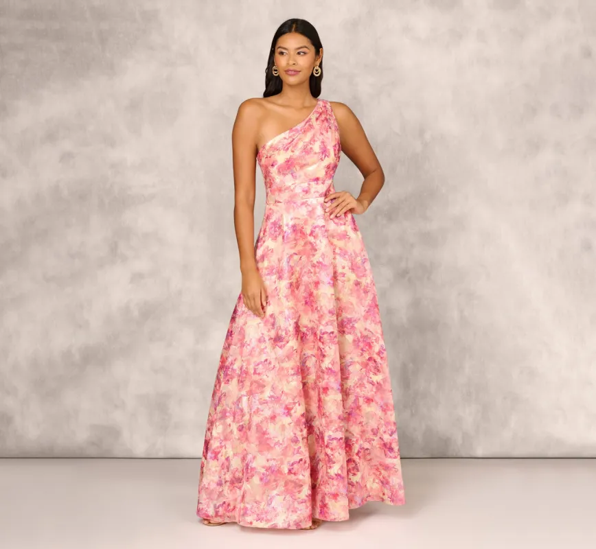 Printed Jacquard One Shoulder Ball Gown With Pleat Details In Red Multi sold by Adrianna Papell