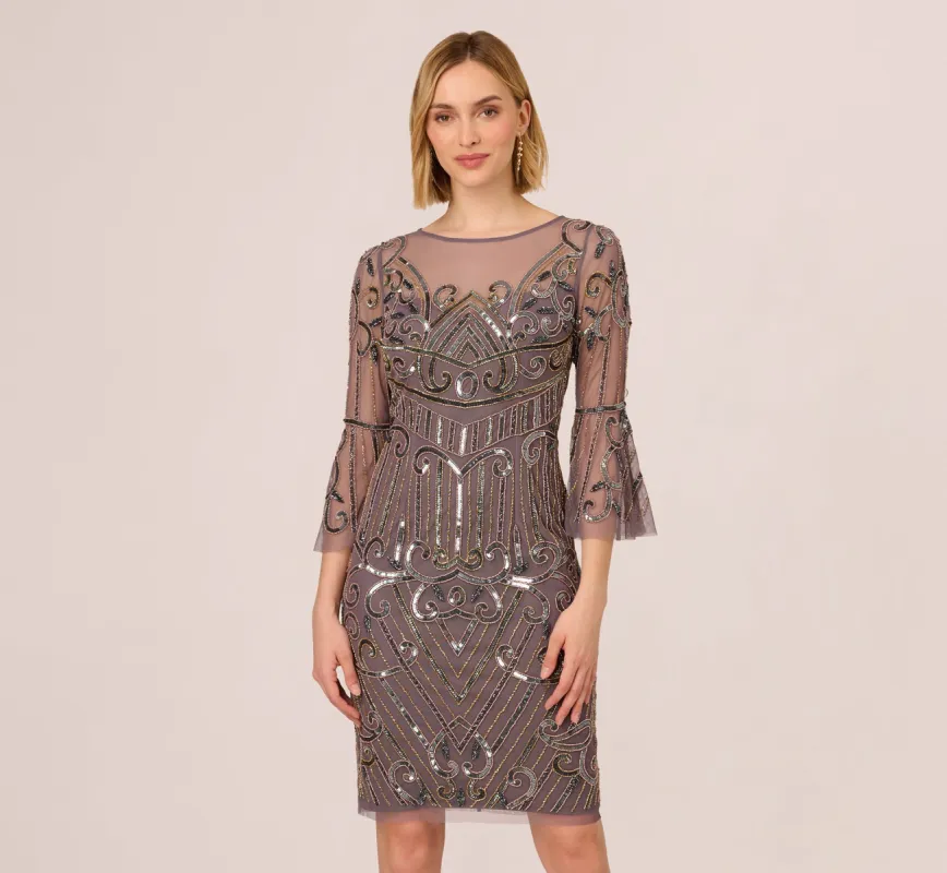 Deco Beaded Sheath Dress With Sheer Bell Sleeves In Moonscape sold by Adrianna Papell