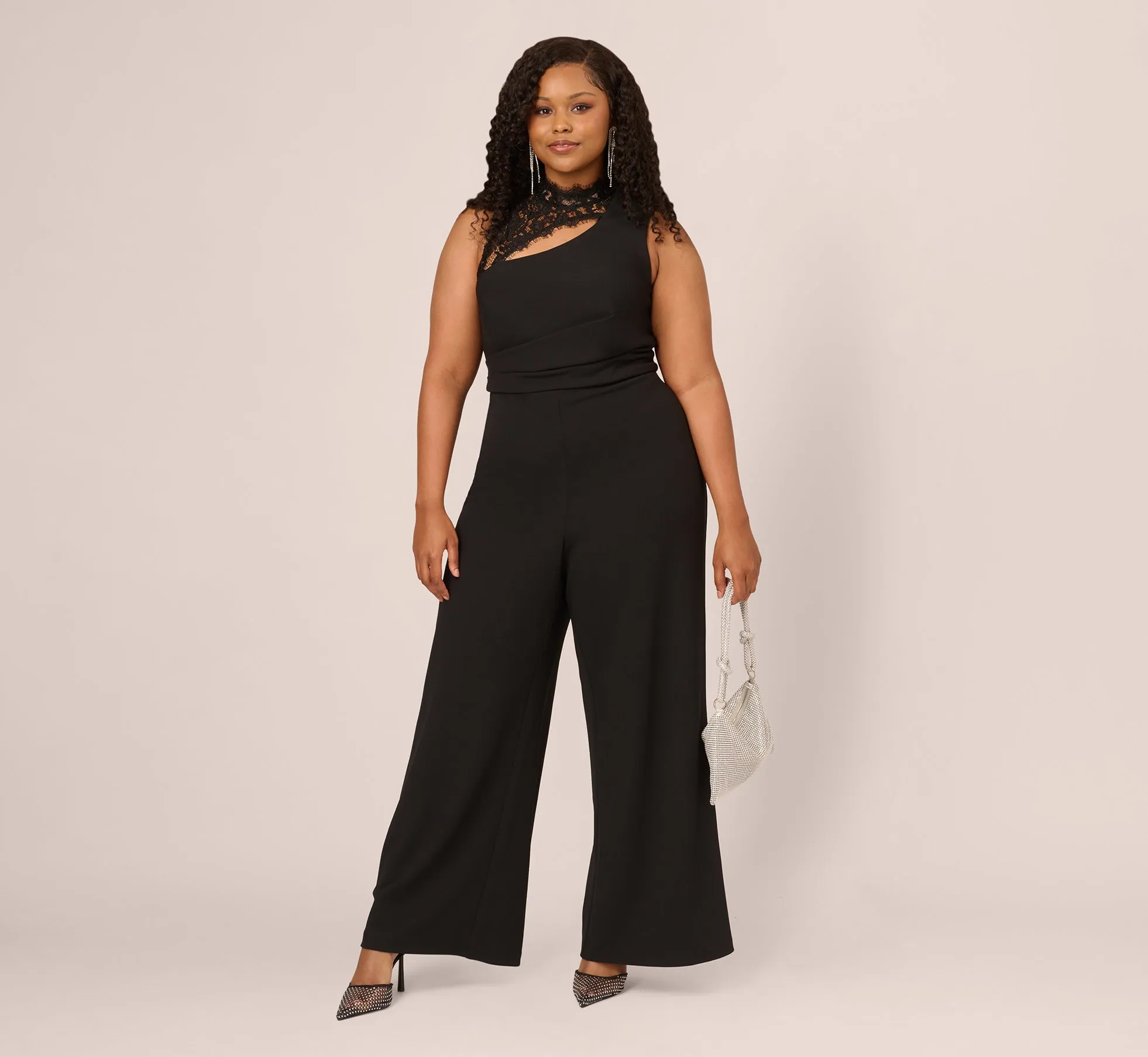 Plus Size Sleeveless Wide Leg Jumpsuit With Lace Neckline In Black sold by Adrianna Papell product image thumbnail 2