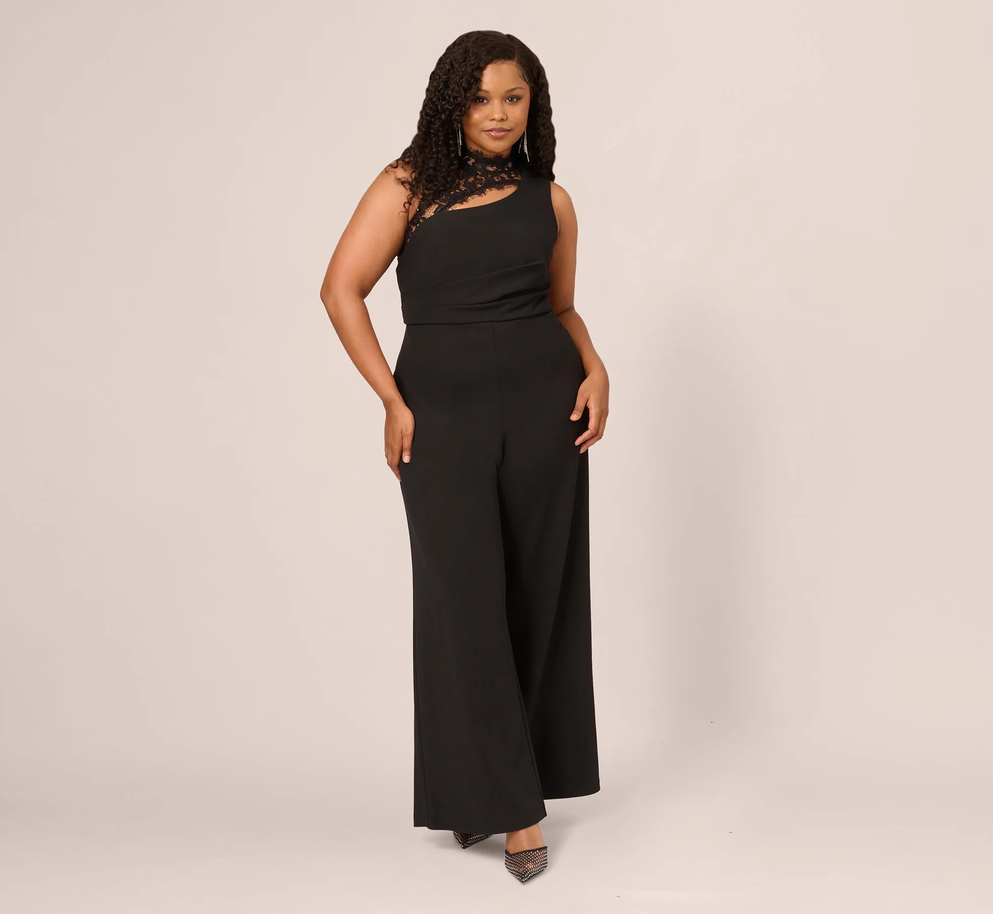 Plus Size Sleeveless Wide Leg Jumpsuit With Lace Neckline In Black sold by Adrianna Papell