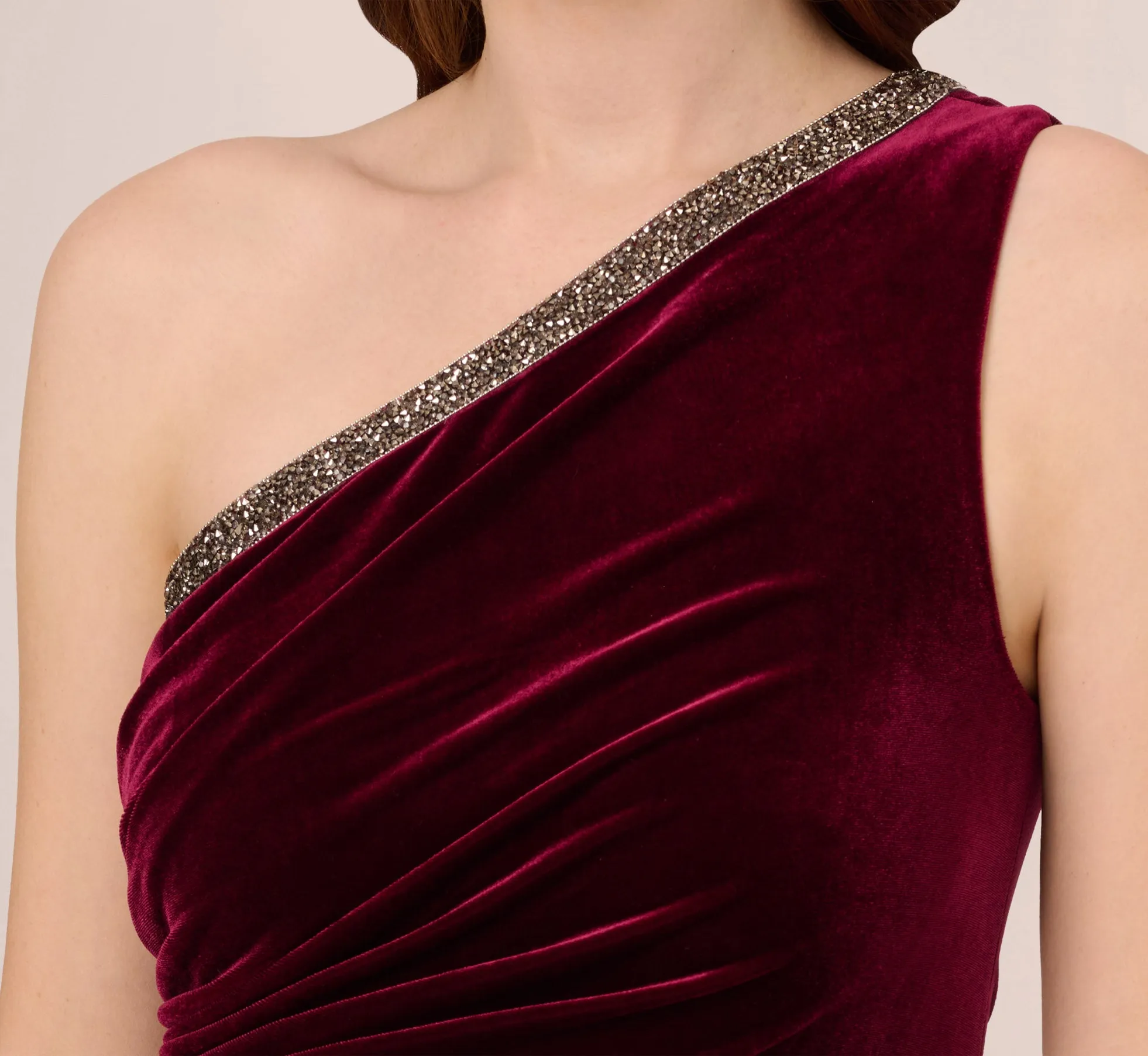 Velvet One Shoulder Gown With Beaded Neckline In Burgundy sold by Adrianna Papell product image thumbnail 3