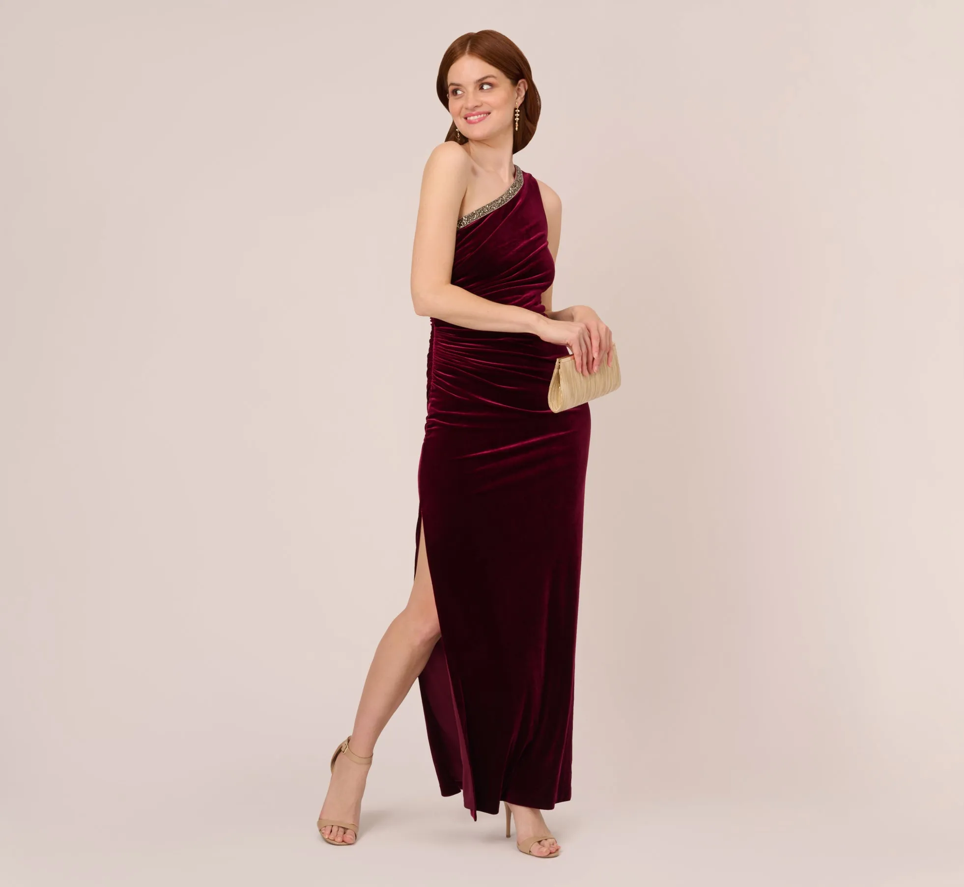 Velvet One Shoulder Gown With Beaded Neckline In Burgundy sold by Adrianna Papell product image thumbnail 2