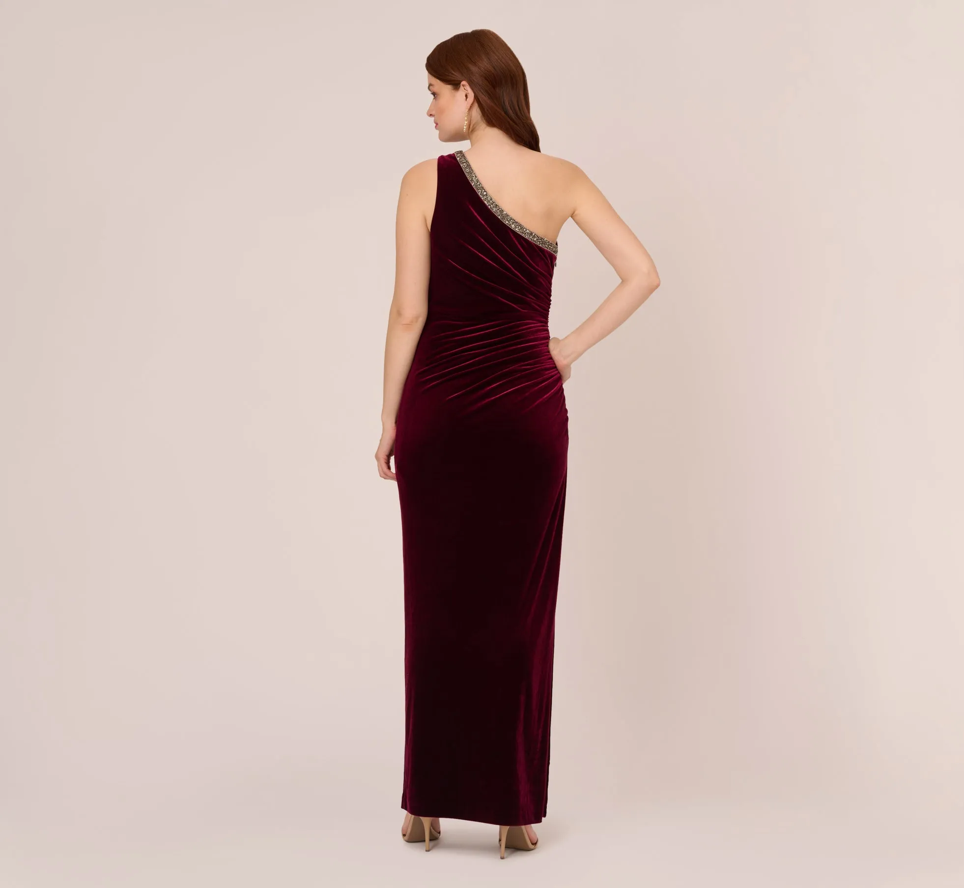 Velvet One Shoulder Gown With Beaded Neckline In Burgundy sold by Adrianna Papell product image thumbnail 4