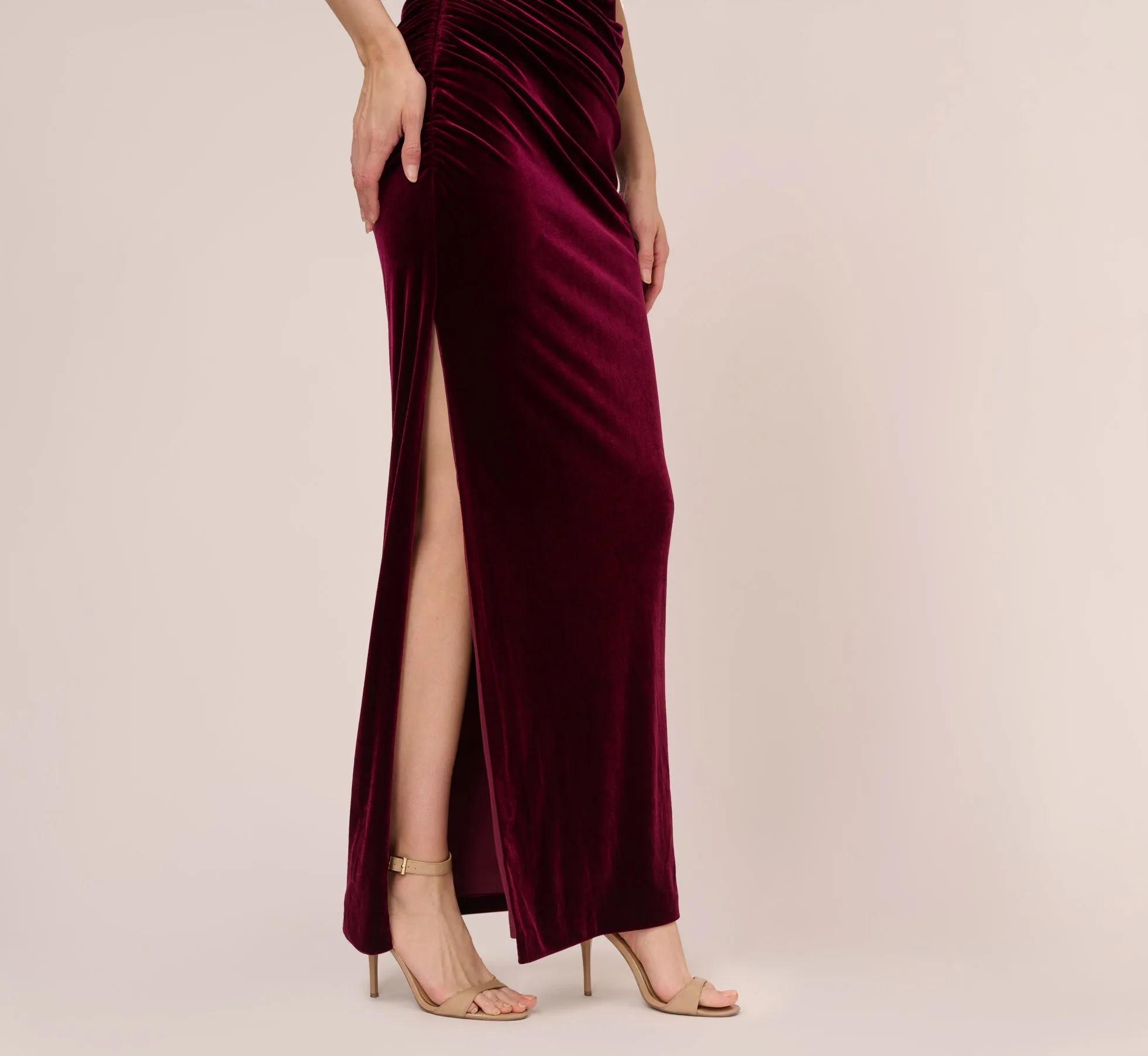 Velvet One Shoulder Gown With Beaded Neckline In Burgundy sold by Adrianna Papell product image thumbnail 5