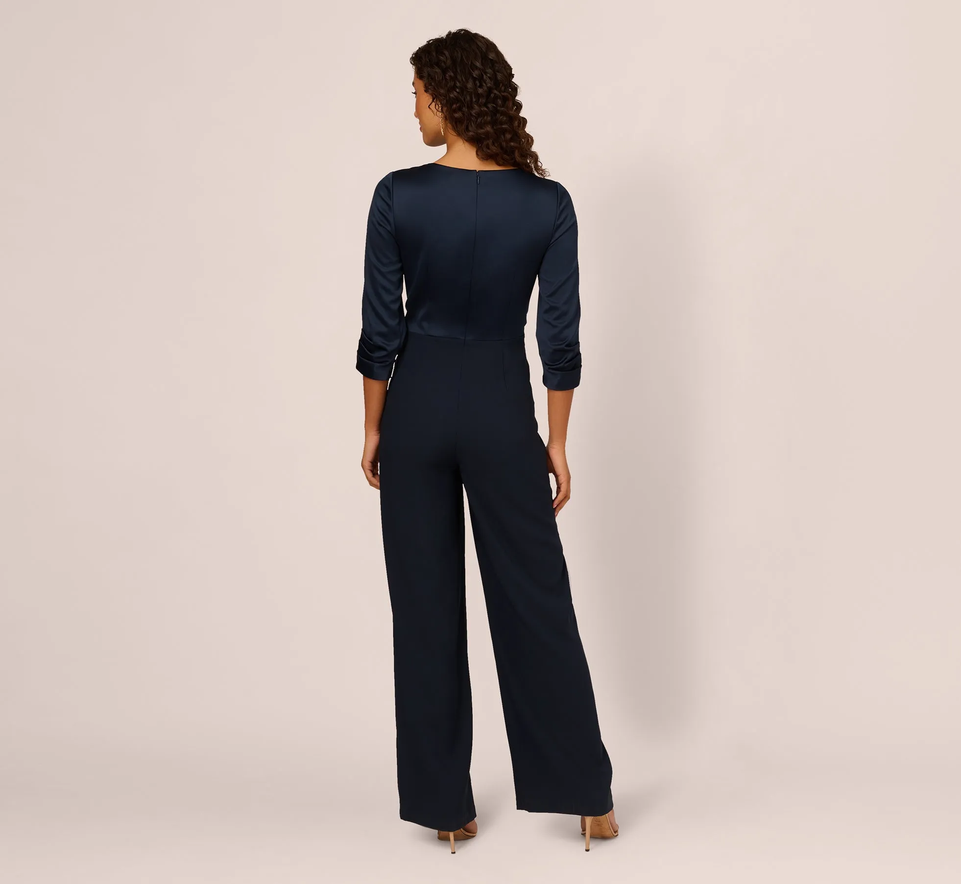 Satin Crepe Three Quarter Sleeve Jumpsuit With Buckle Waist In Dark Navy sold by Adrianna Papell product image thumbnail 4