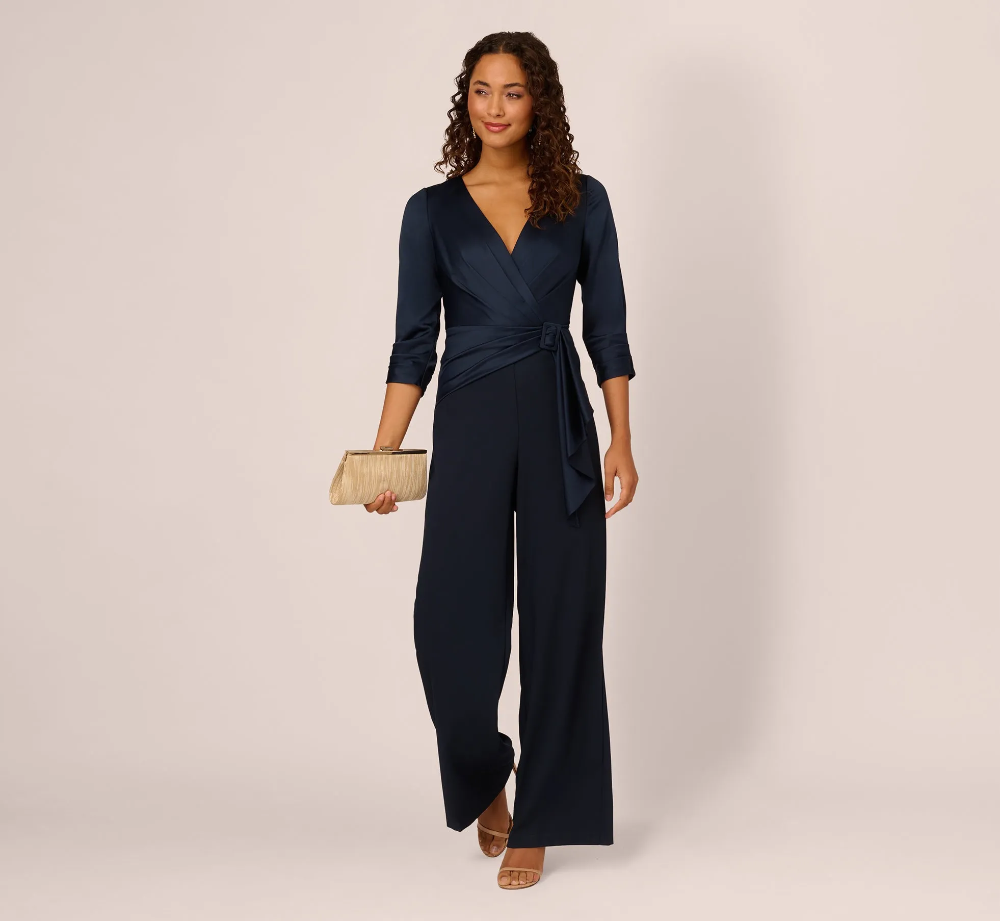 Satin Crepe Three Quarter Sleeve Jumpsuit With Buckle Waist In Dark Navy sold by Adrianna Papell product image thumbnail 2