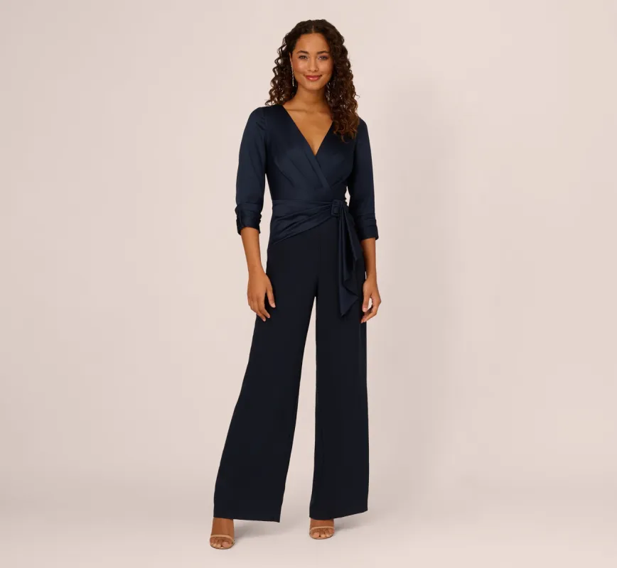 Satin Crepe Three Quarter Sleeve Jumpsuit With Buckle Waist In Dark Navy sold by Adrianna Papell