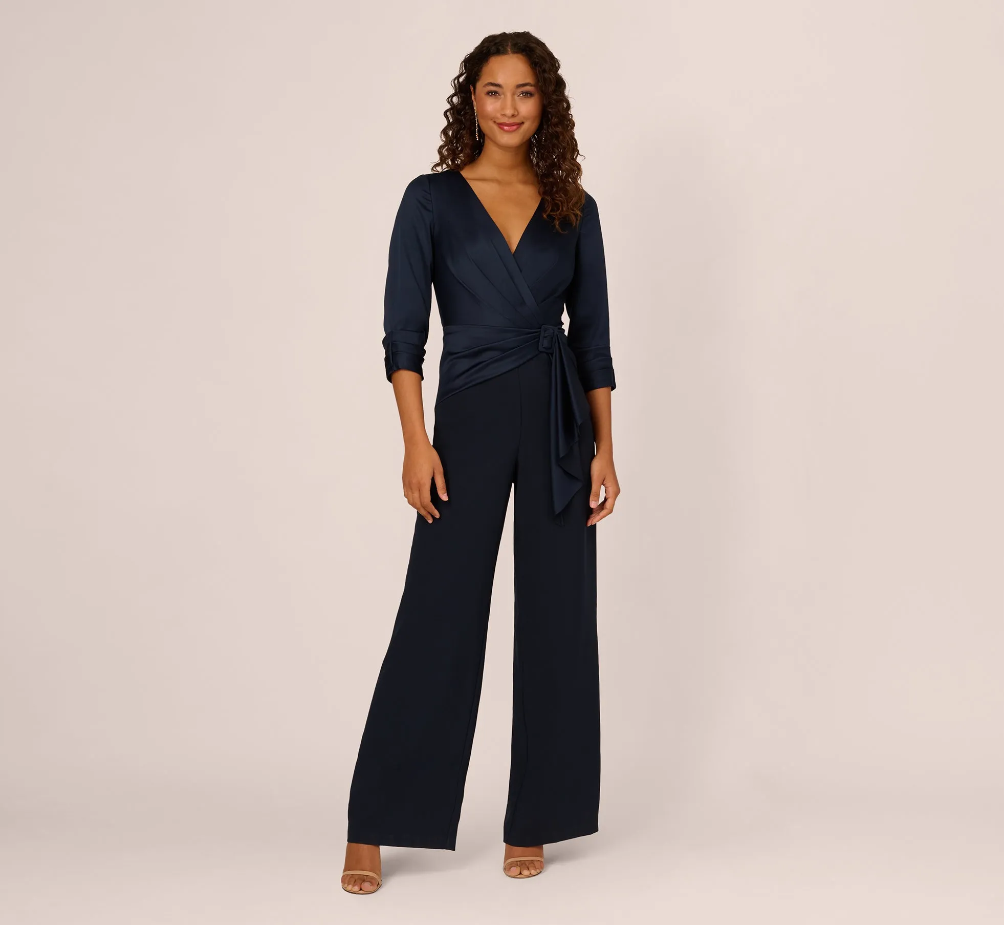 Satin Crepe Three Quarter Sleeve Jumpsuit With Buckle Waist In Dark Navy sold by Adrianna Papell
