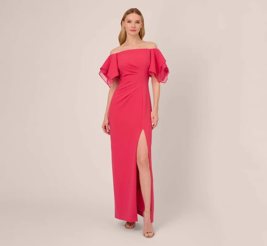Knit Crepe And Organza Off The Shoulder Long Column Gown With Tiered Sleeves In Pink Lotus sold by Adrianna Papell