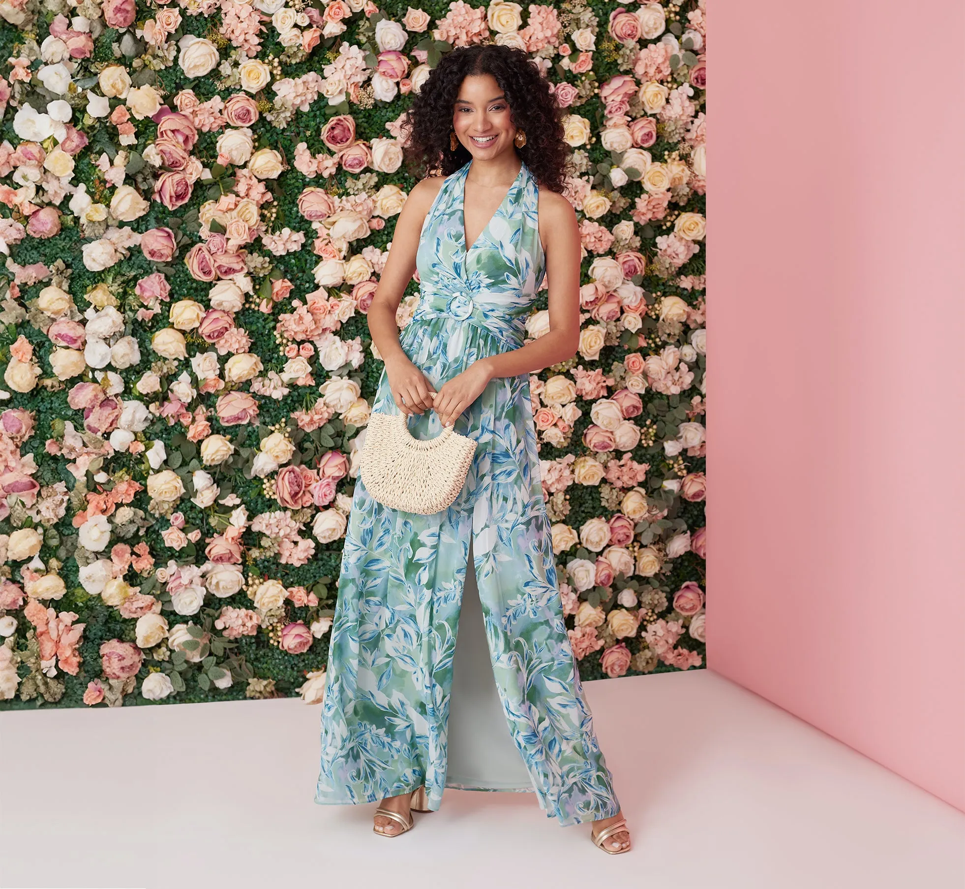 Leaf Print Chiffon Shirred Gown With Halter Neckline In Slate sold by Adrianna Papell