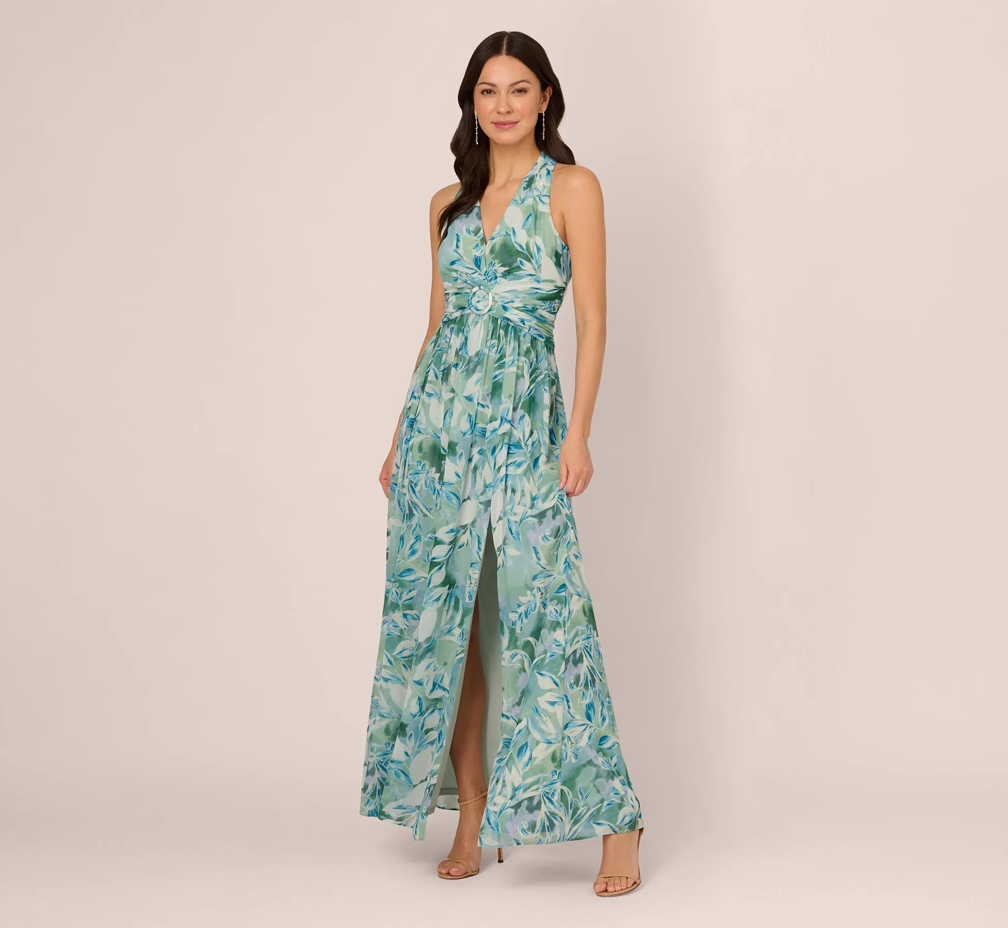Leaf Print Chiffon Shirred Gown With Halter Neckline In Slate sold by Adrianna Papell product image thumbnail 2