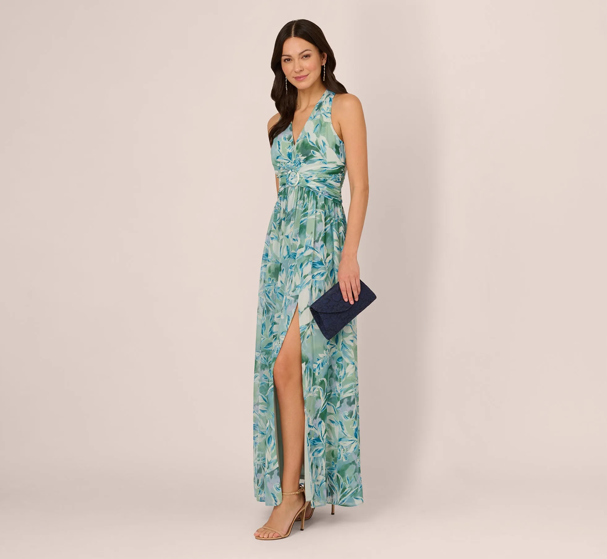 Leaf Print Chiffon Shirred Gown With Halter Neckline In Slate sold by Adrianna Papell product image thumbnail 3