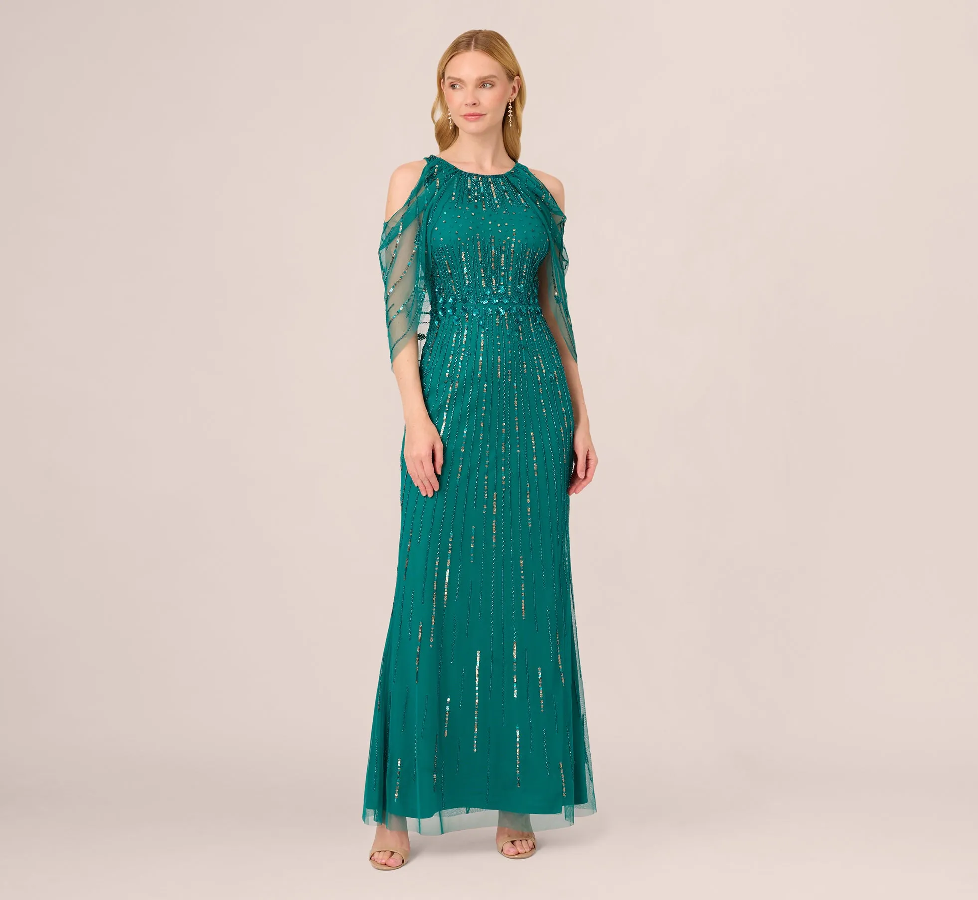 Cold Shoulder Beaded Cape Gown In Vivid Emerald sold by Adrianna Papell product image thumbnail 2