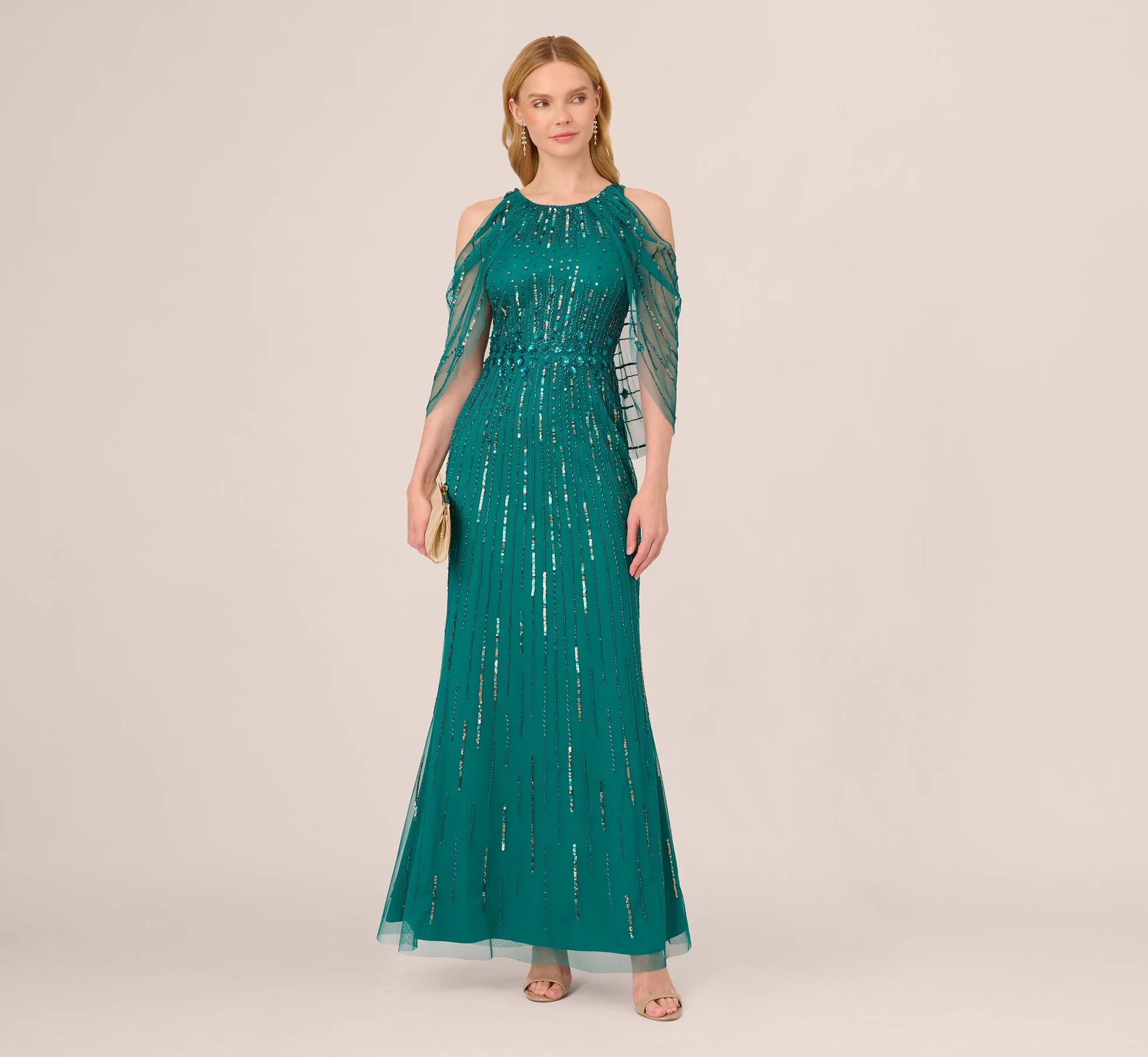 Cold Shoulder Beaded Cape Gown In Vivid Emerald sold by Adrianna Papell product image thumbnail 3