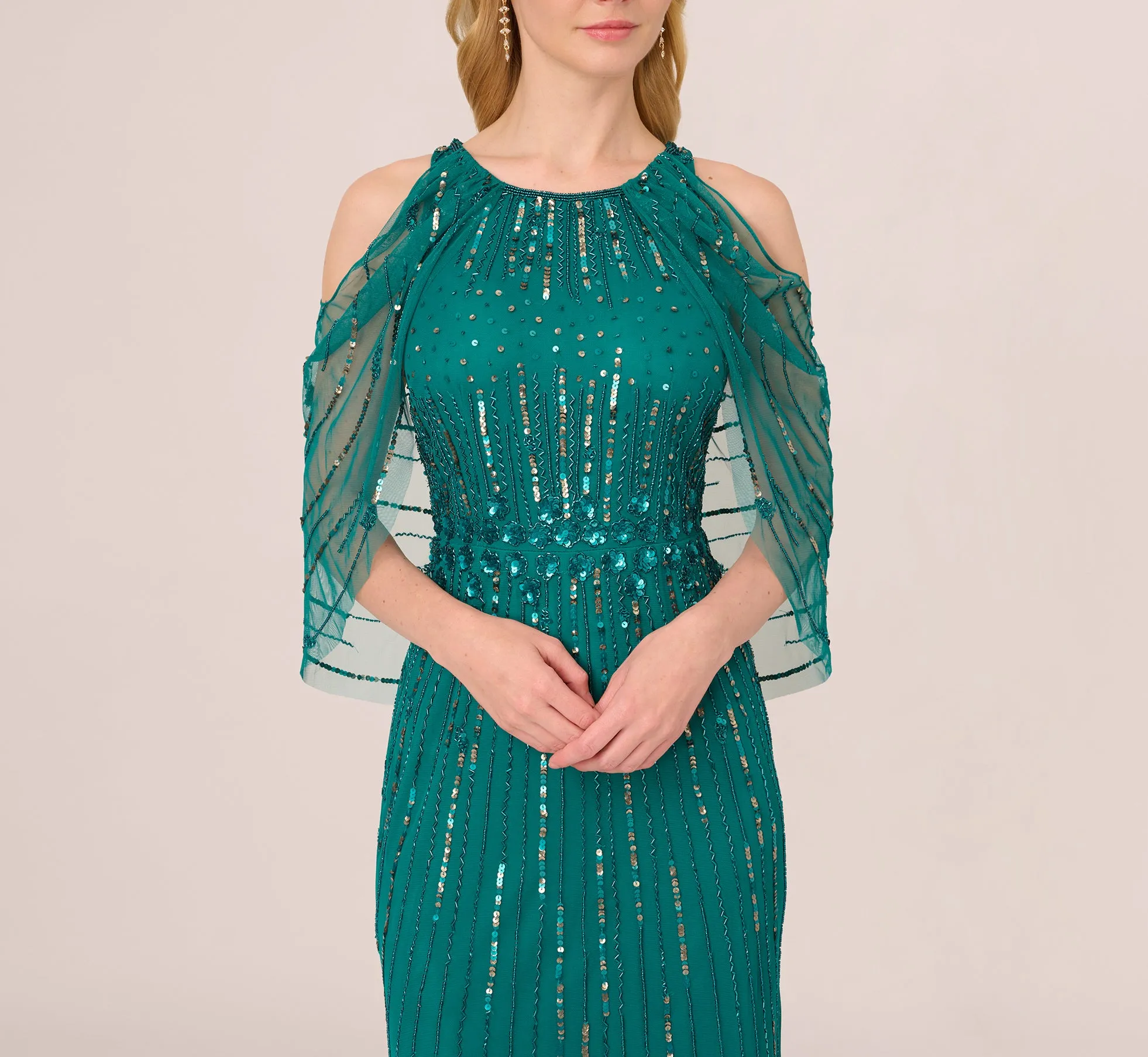 Cold Shoulder Beaded Cape Gown In Vivid Emerald sold by Adrianna Papell product image thumbnail 4