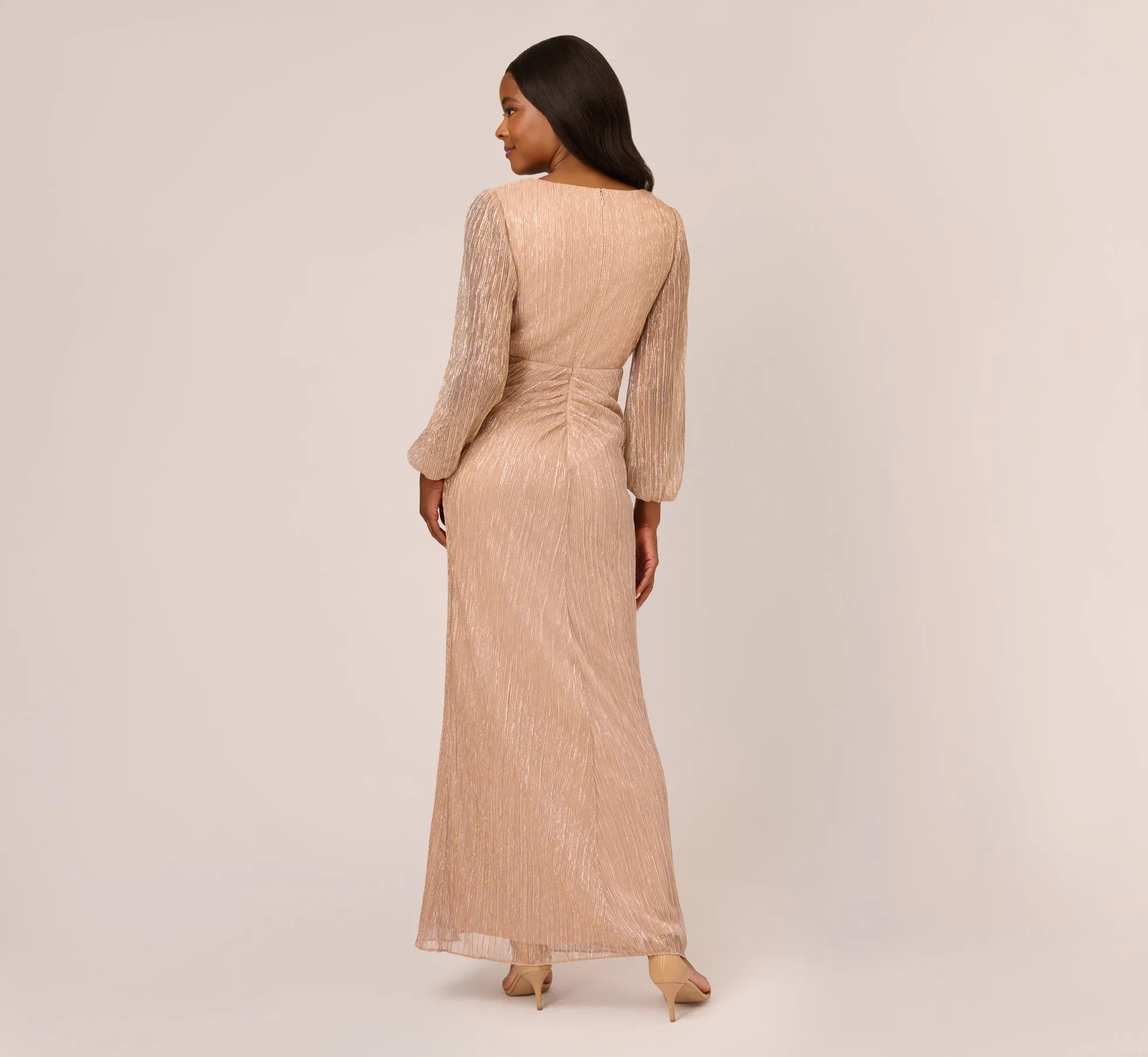 Metallic Crinkled Mesh Draped Long Gown In Light Gold sold by Adrianna Papell product image thumbnail 4