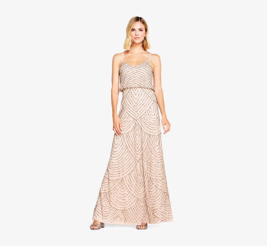Art Deco Beaded Blouson Gown In Taupe Pink sold by Adrianna Papell