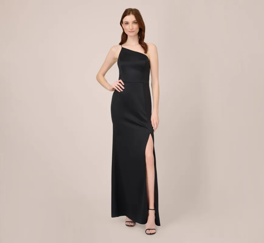 Satin Crepe One-Shoulder Long Gown In Black sold by Adrianna Papell