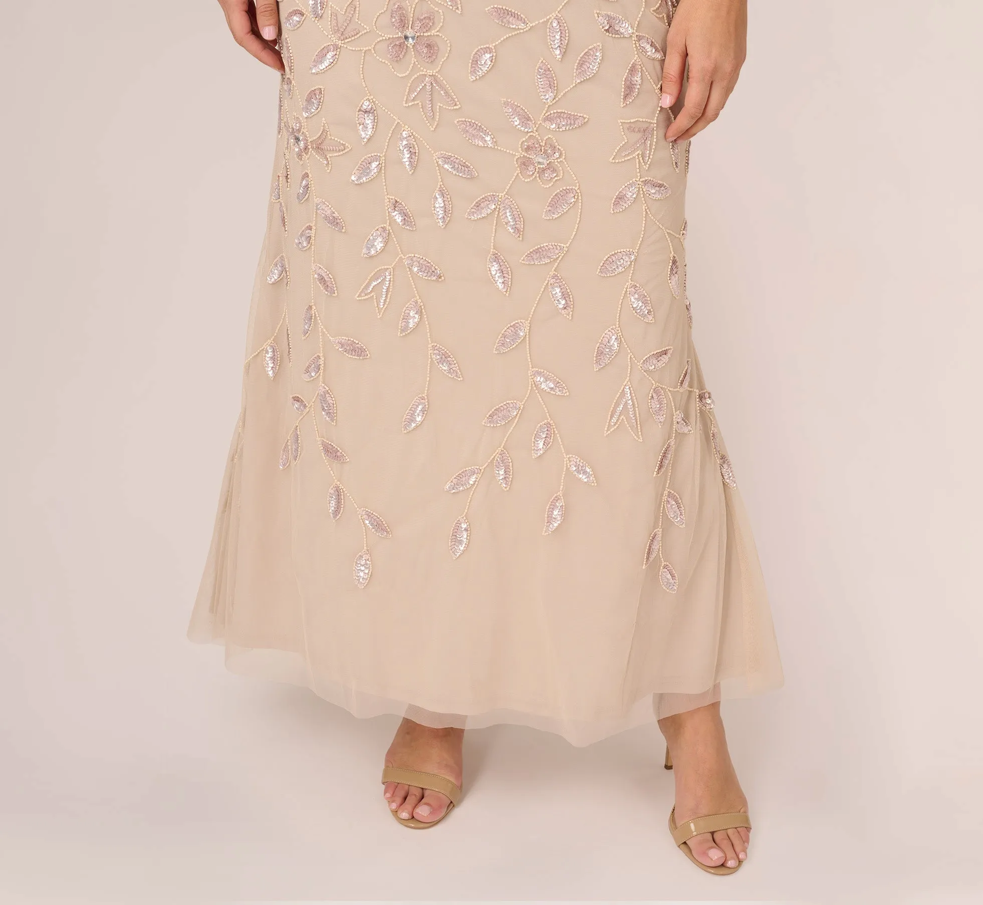 Plus Size Illusion Floral Beaded Gown With Sheer Long Sleeves In Latte sold by Adrianna Papell product image thumbnail 5