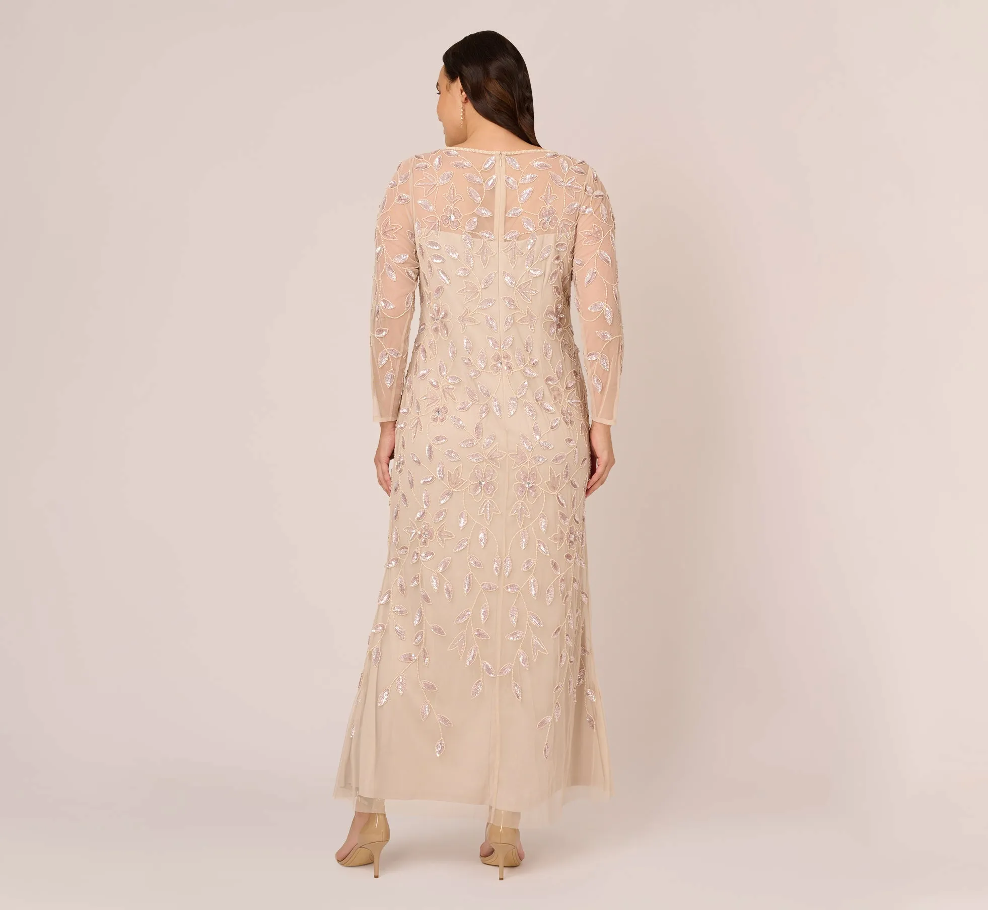 Plus Size Illusion Floral Beaded Gown With Sheer Long Sleeves In Latte sold by Adrianna Papell product image thumbnail 4