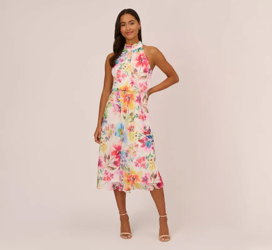 Multicolor Floral Chiffon Halter Dress In Ivory Multi sold by Adrianna Papell