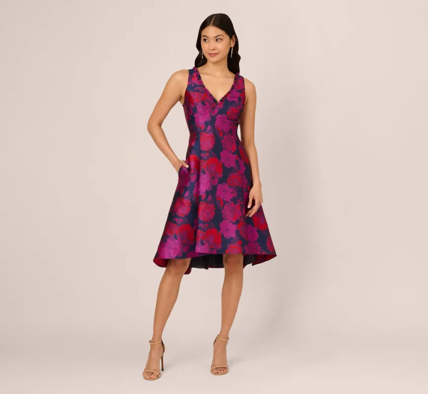 Sleeveless Floral Jacquard Midi Dress With High Low Skirt In Navy Multi sold by Adrianna Papell