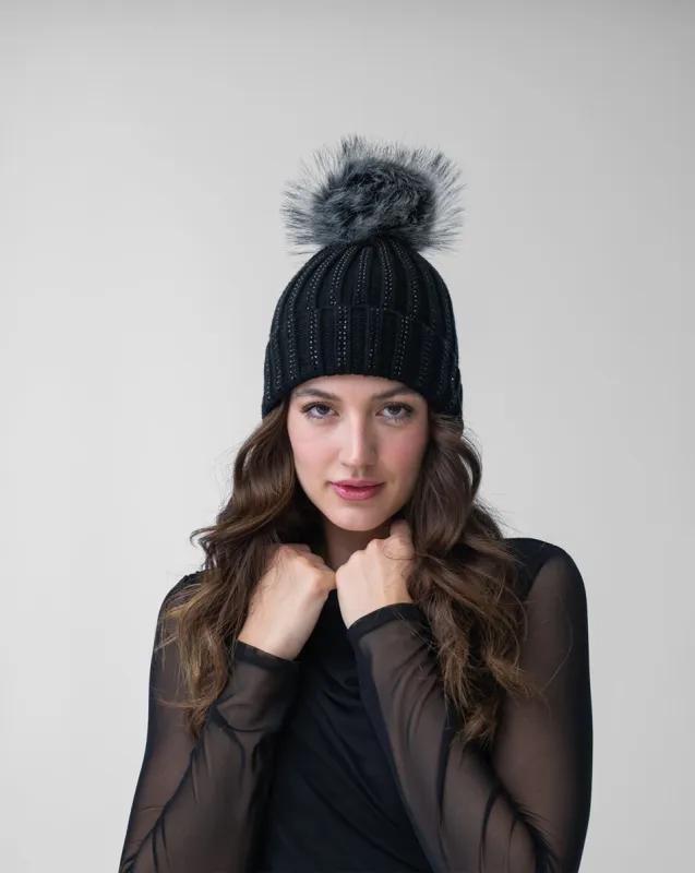 Cable Knit Crystal & Faux Fur Beanie Hat sold by Adrienne Landau