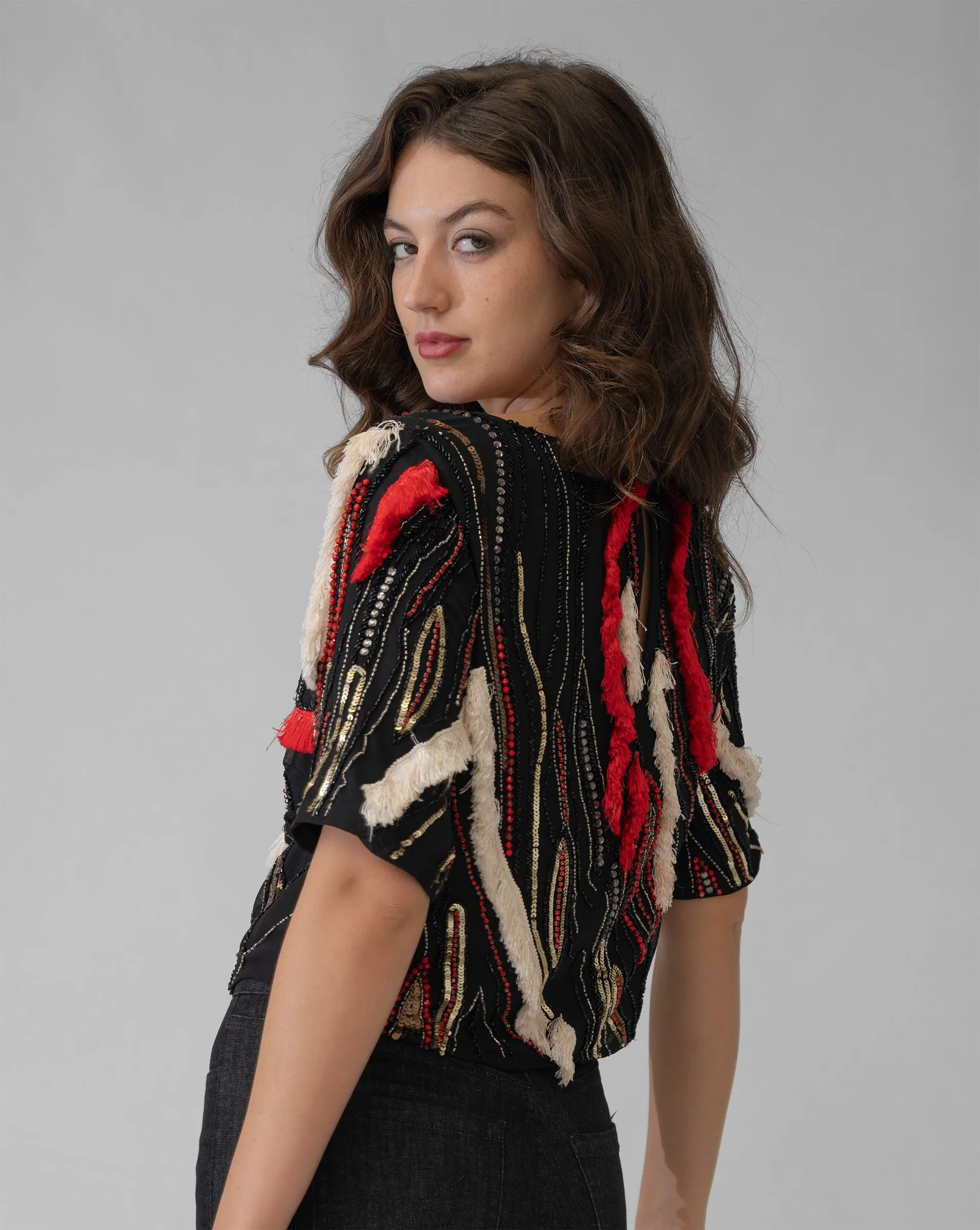 Metallic Fringe & Beaded Cropped Top sold by Adrienne Landau product image thumbnail 3