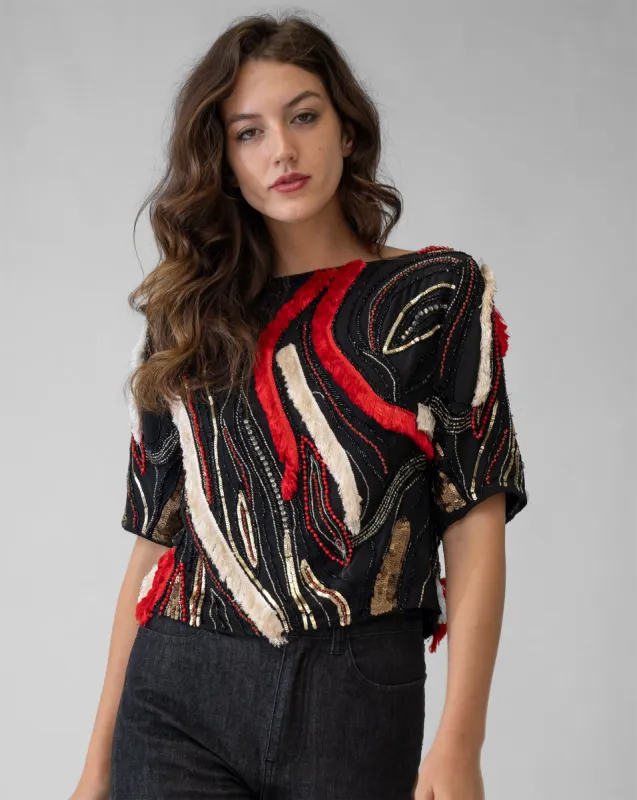 Metallic Fringe & Beaded Cropped Top made by Adrienne Landau