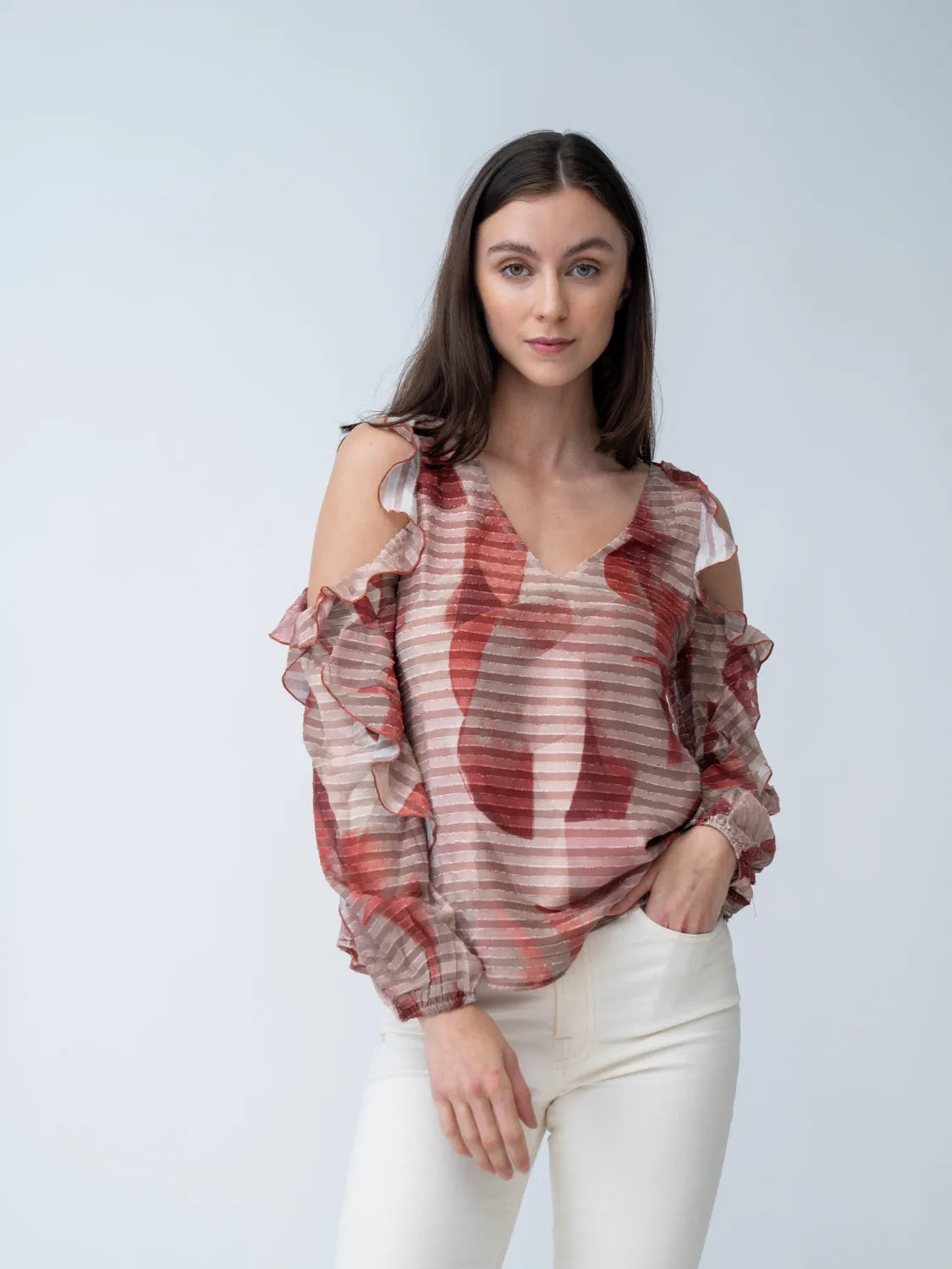 FINAL SALE - Ruffle Cold Shoulder Top sold by Adrienne Landau