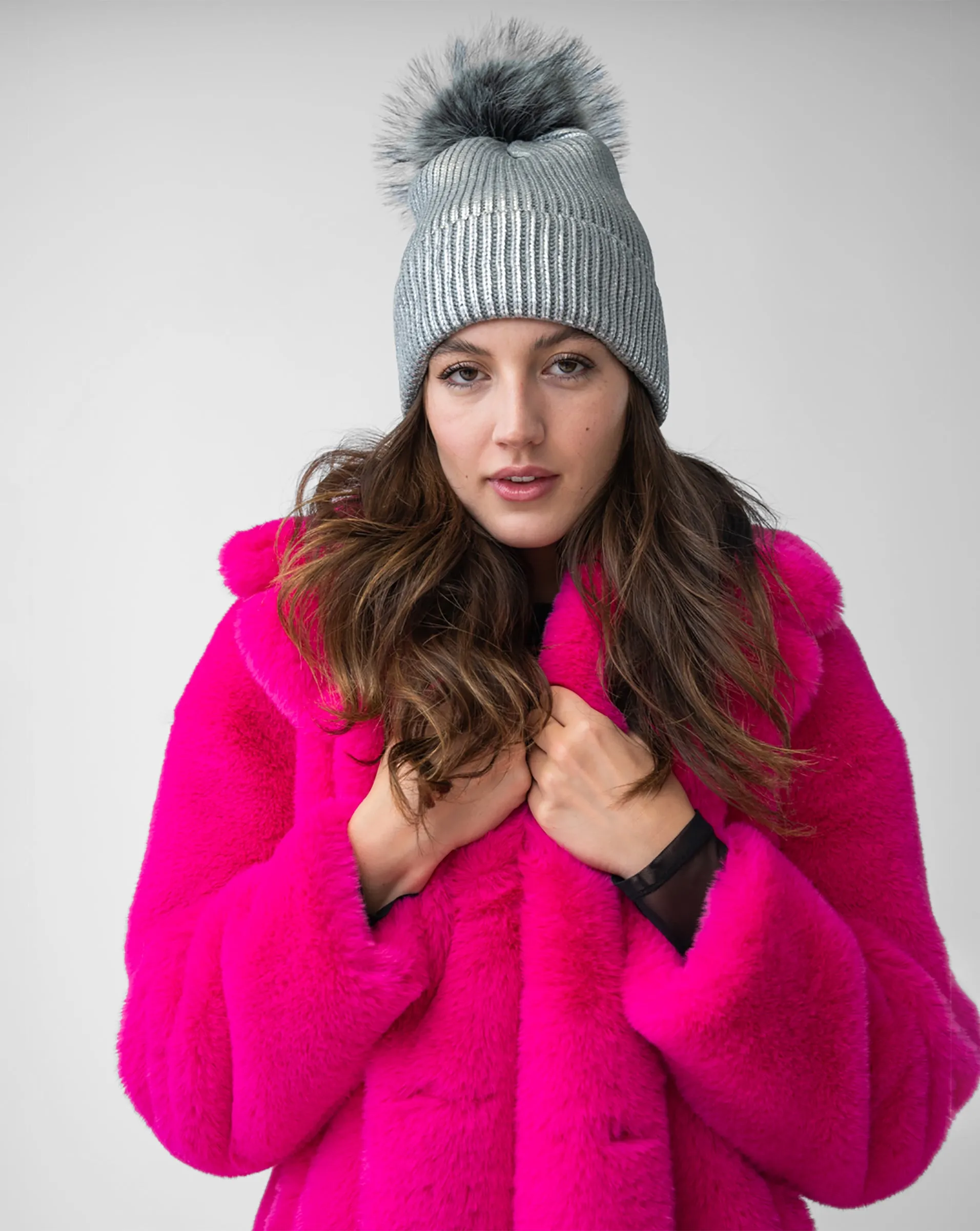 Metallic Ribbed Faux Fur Pom-Pom Hat sold by Adrienne Landau