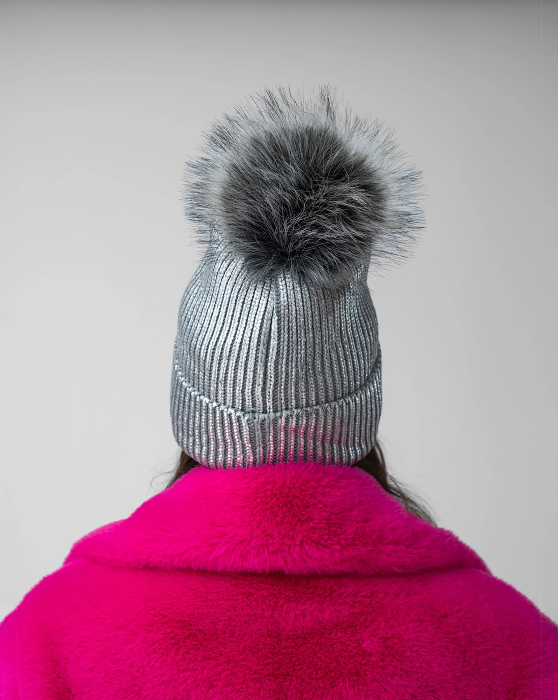 Metallic Ribbed Faux Fur Pom-Pom Hat sold by Adrienne Landau product image thumbnail 2