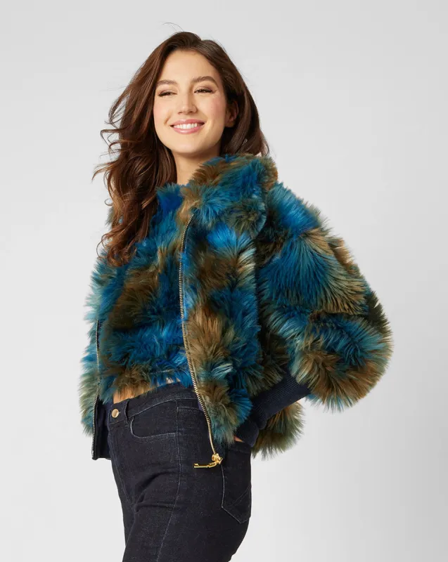 Blue Green Print Faux Fur Bomber Jacket sold by Adrienne Landau