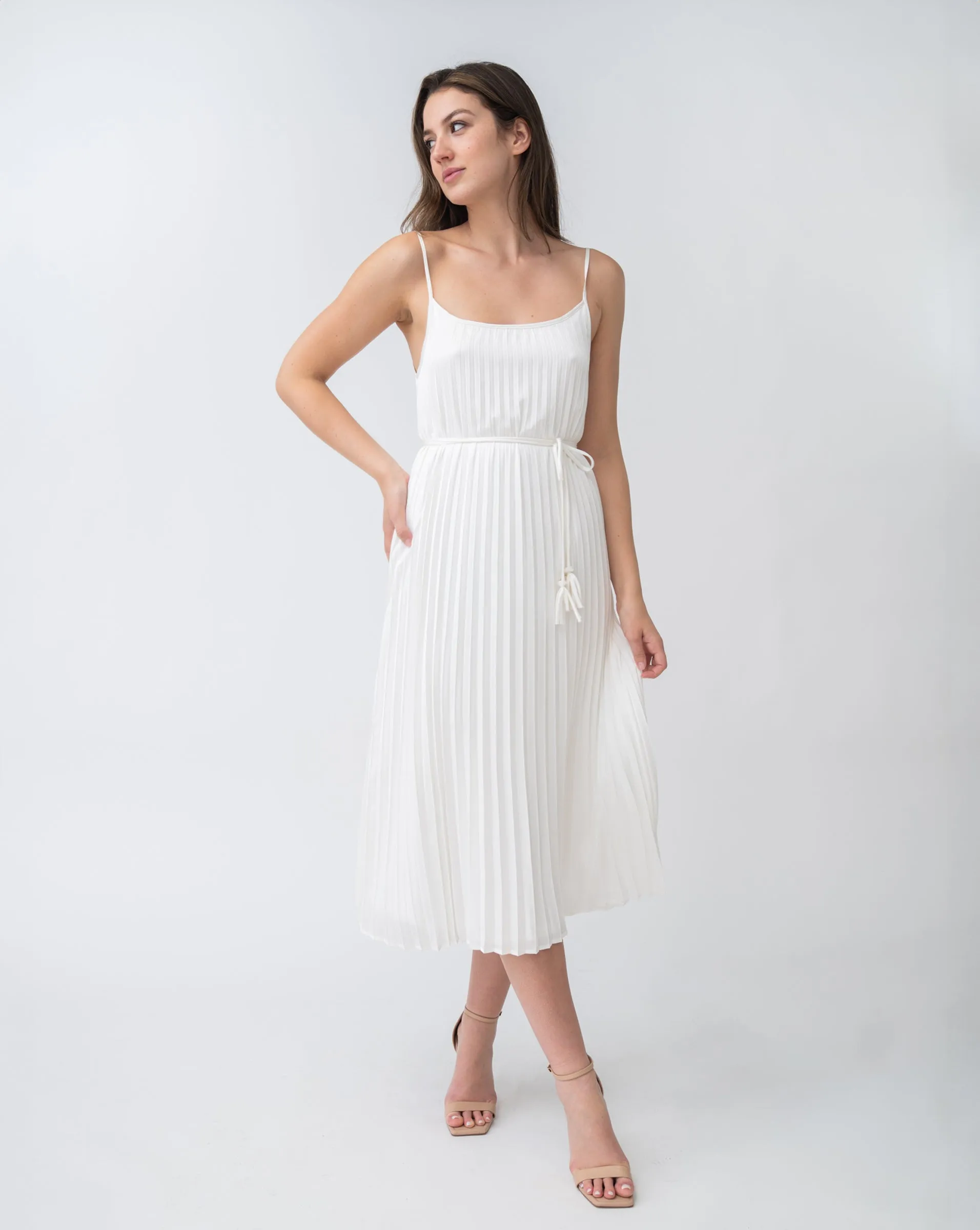 Pleated Tie Waist Sleeveless Dress sold by Adrienne Landau