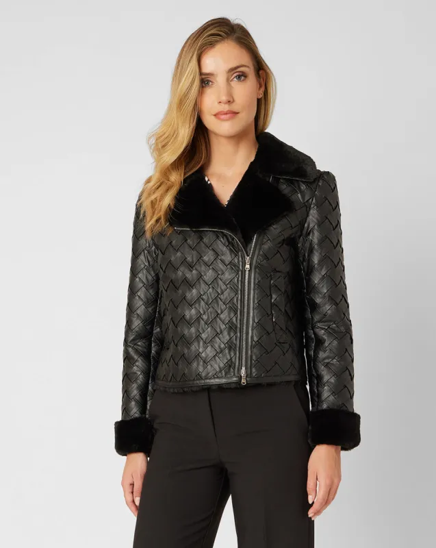 Woven Faux Leather with Faux Fur Lining Moto Jacket sold by Adrienne Landau