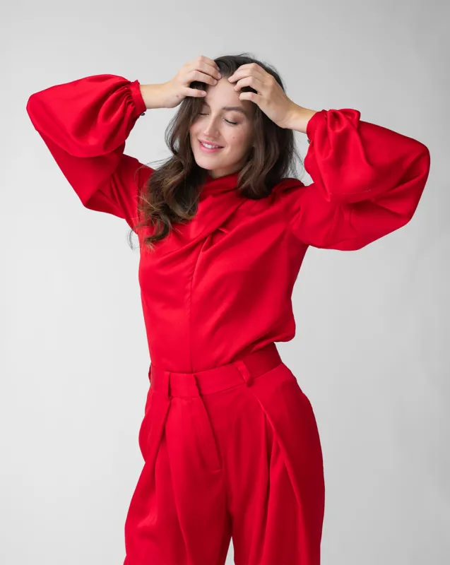 Full Sleeve Draped Neck Satin Top sold by Adrienne Landau