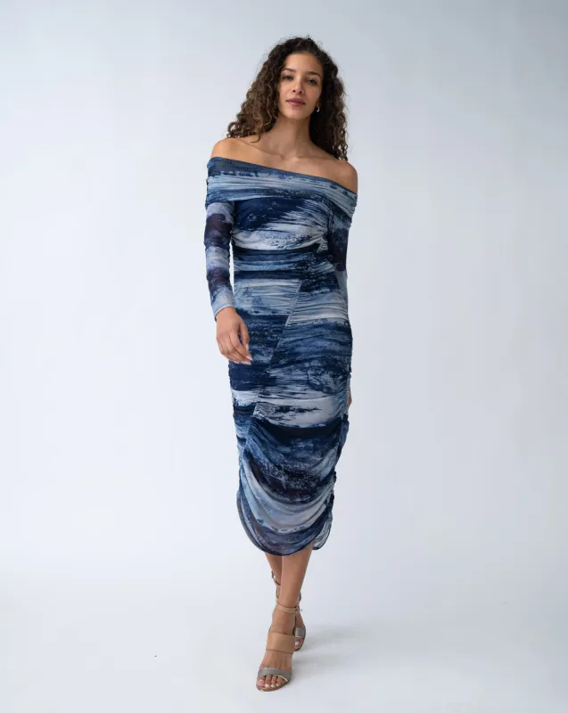 Off the Shoulder Printed Mesh Dress sold by Adrienne Landau