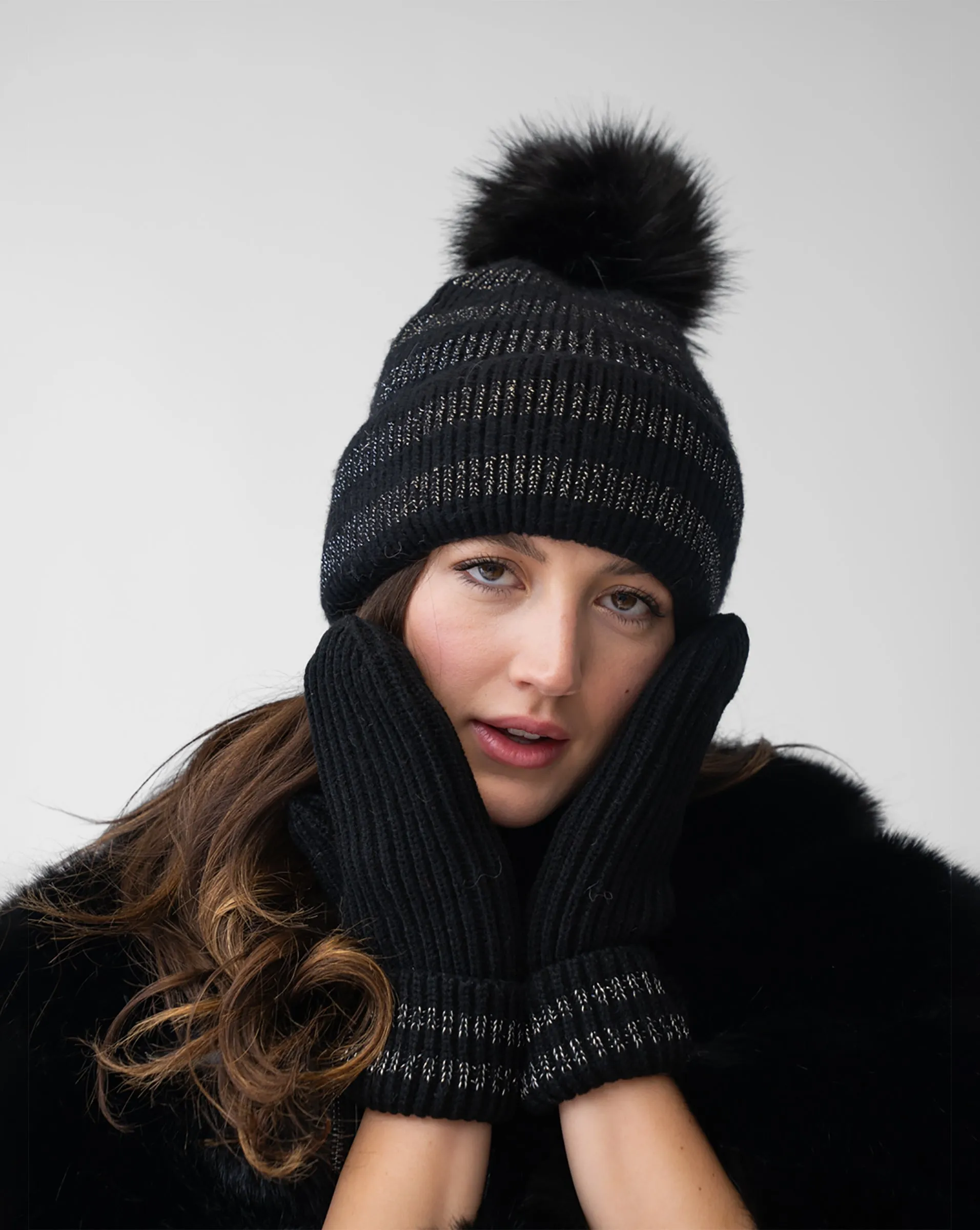 Metallic Stripe Hat with Faux Fur Pom-Pom sold by Adrienne Landau