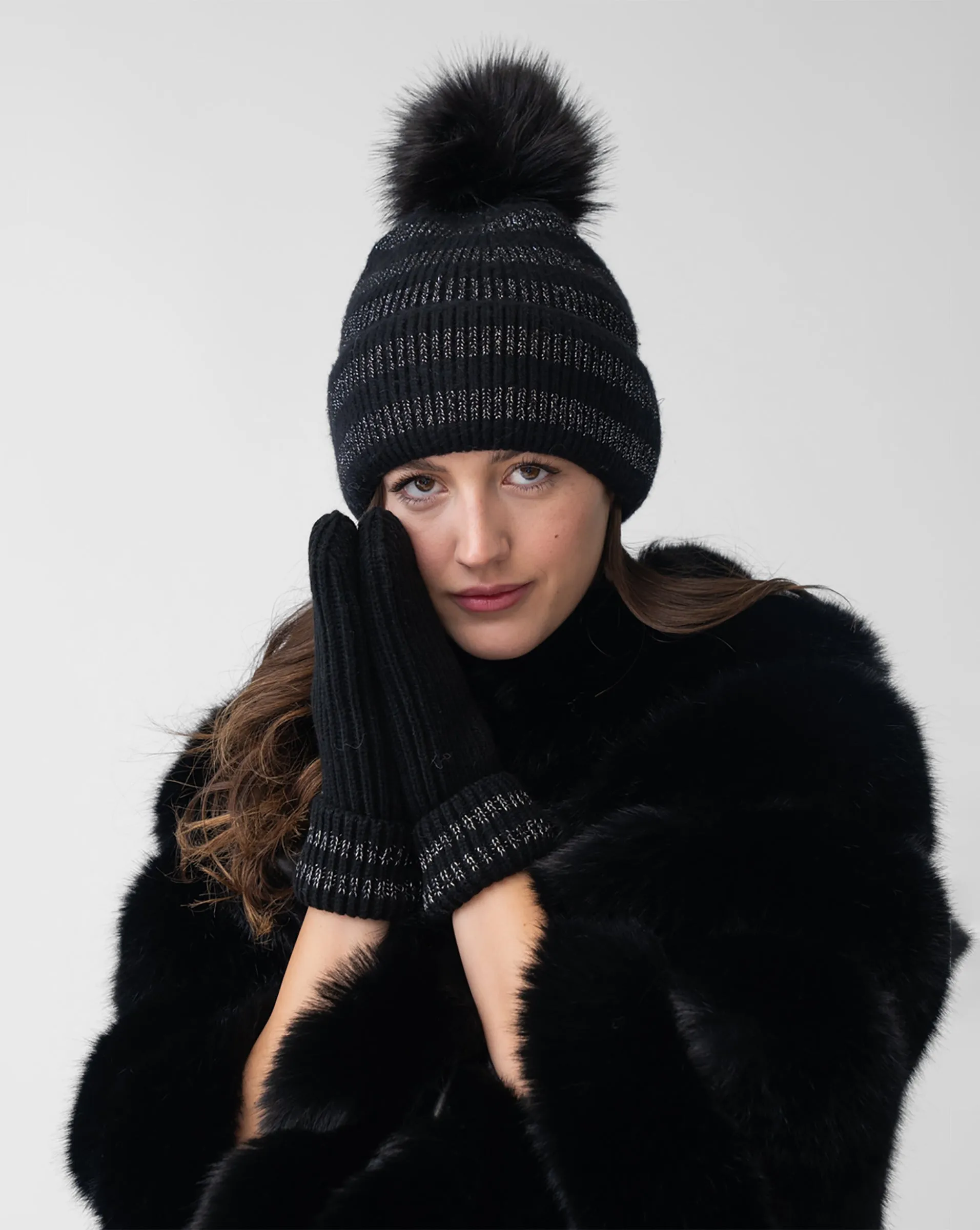 Metallic Stripe Hat with Faux Fur Pom-Pom sold by Adrienne Landau product image thumbnail 2