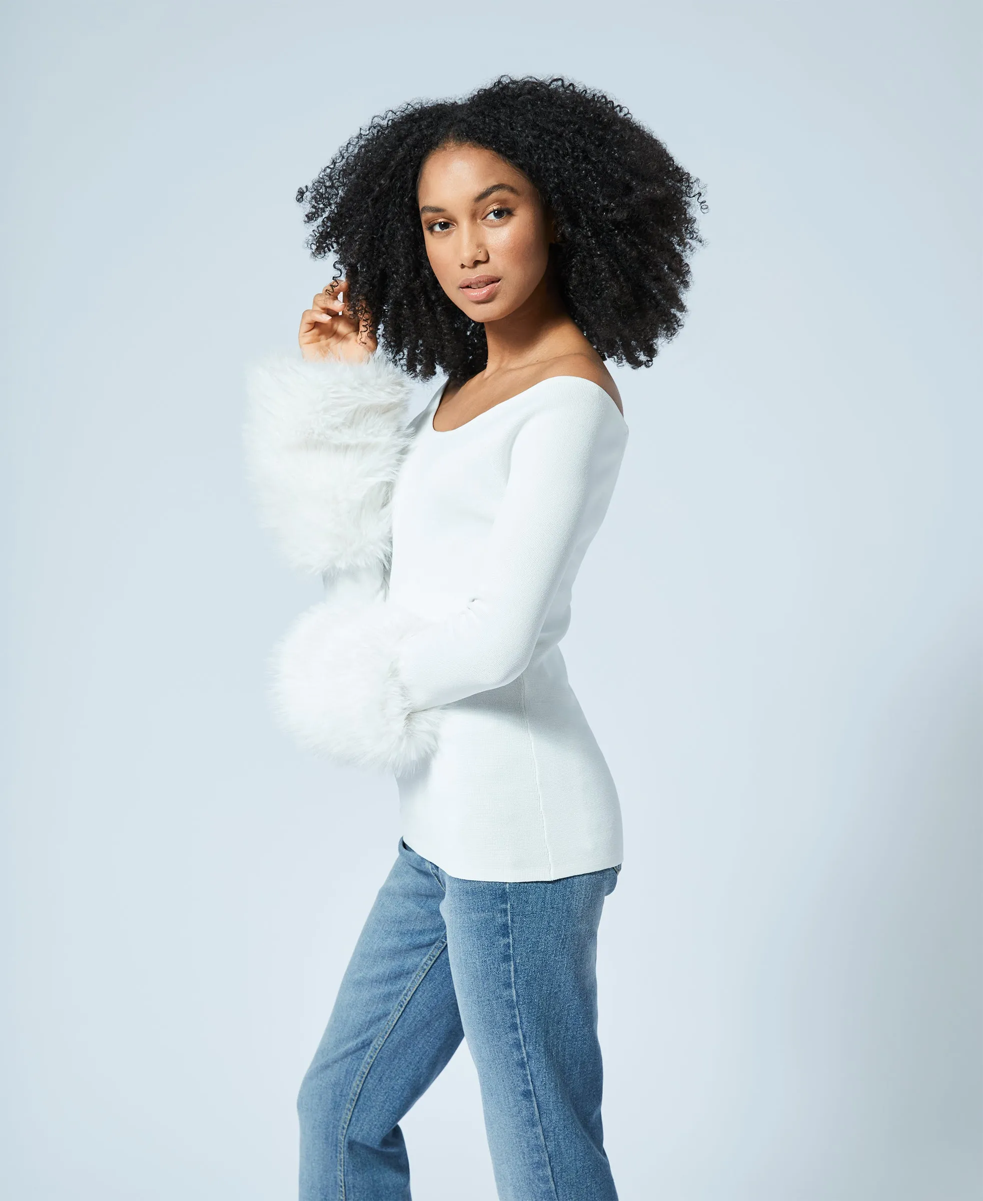 Removable Faux Fur Cuff Ballet Neck Sweater sold by Adrienne Landau product image thumbnail 4