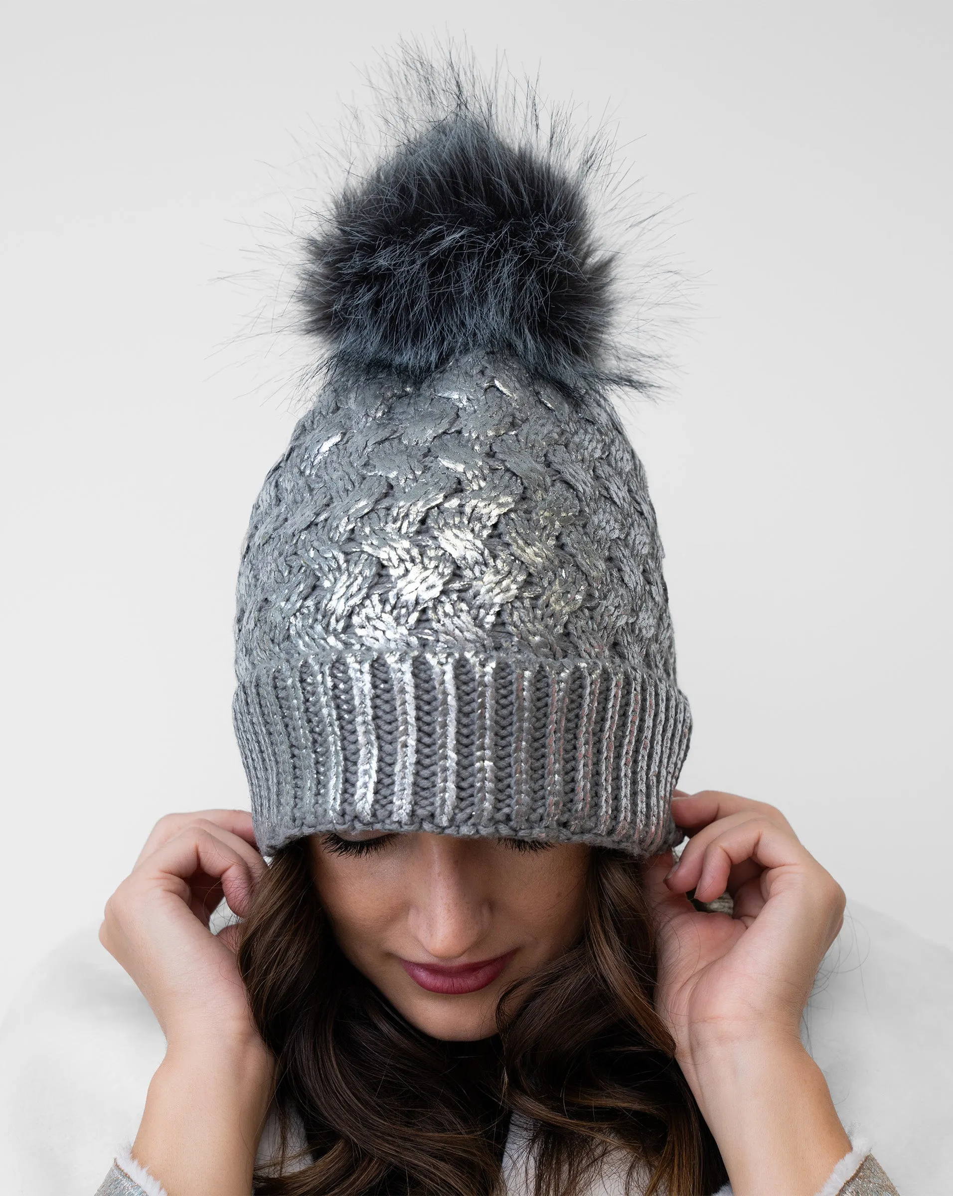 Metallic Cable Stitch Faux Fur Pom-Pom Hat sold by Adrienne Landau product image thumbnail 2