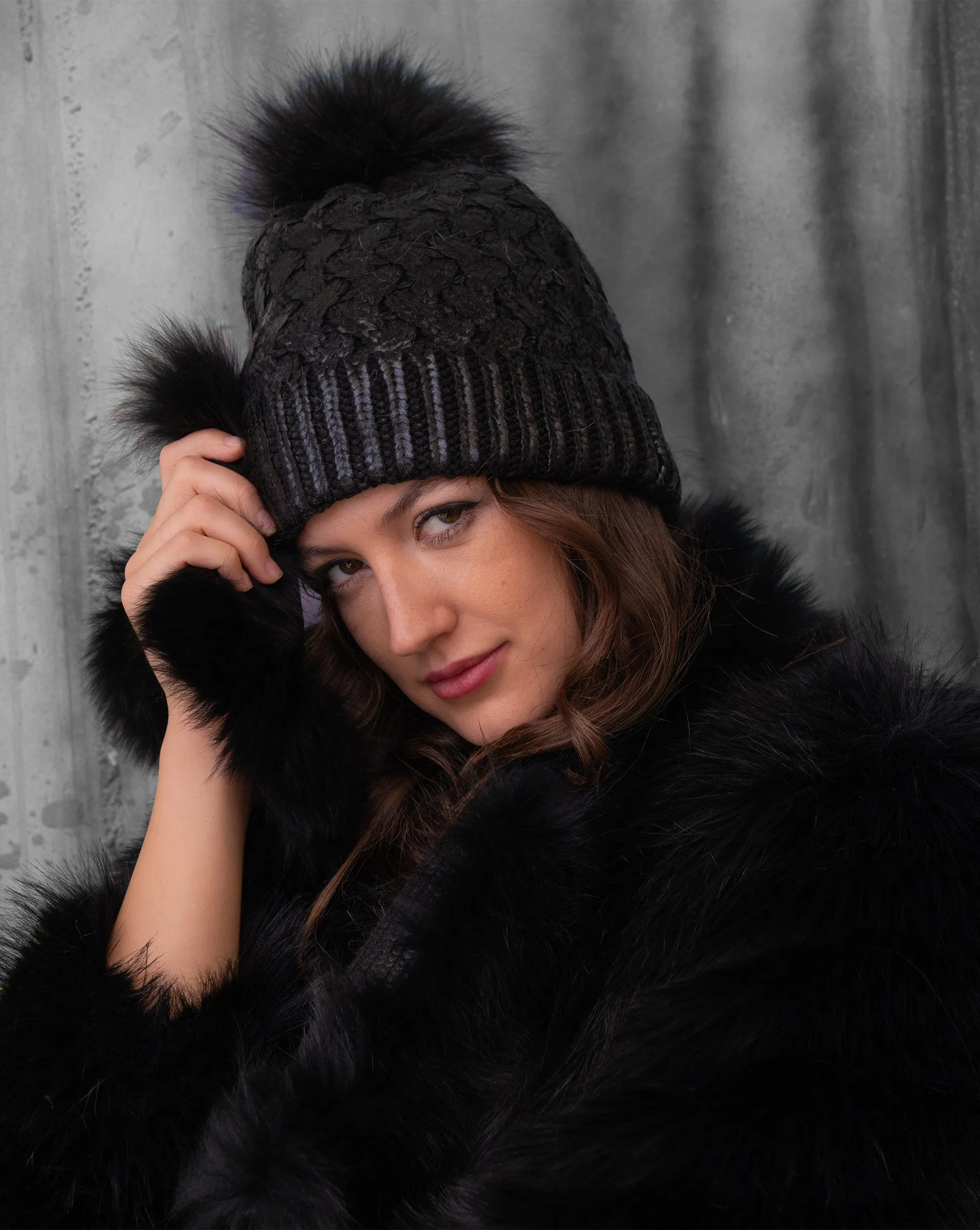 Metallic Cable Stitch Faux Fur Pom-Pom Hat sold by Adrienne Landau product image thumbnail 5