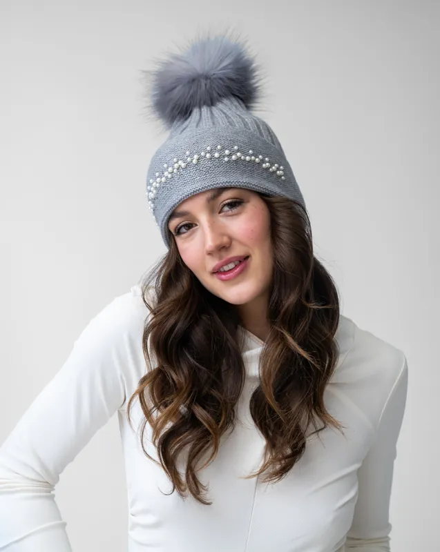 Pearl Trim Faux Fur Pom-Pom Knit Hat sold by Adrienne Landau